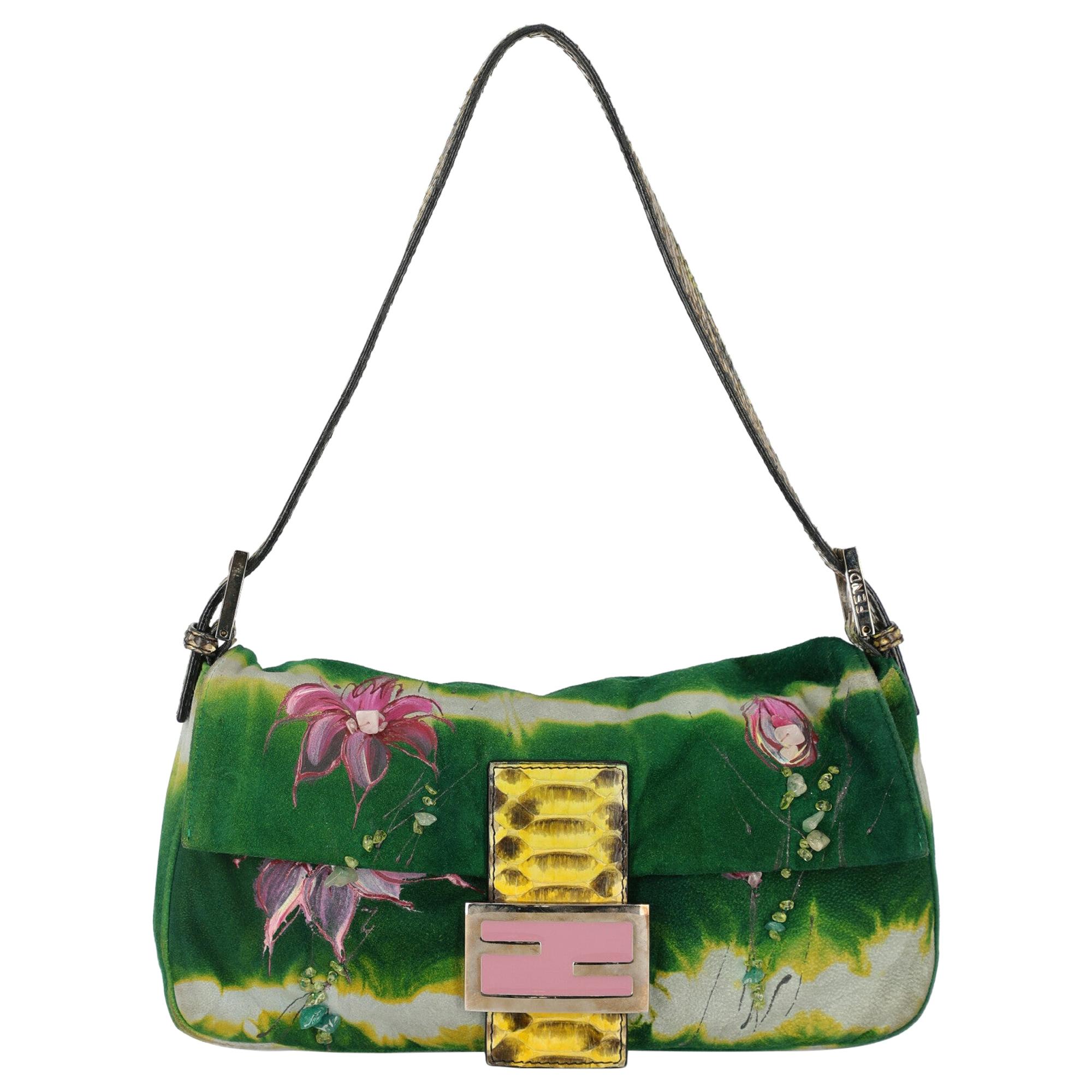 Fendi women's Handbag Baguette Green/Pink Leather For Sale