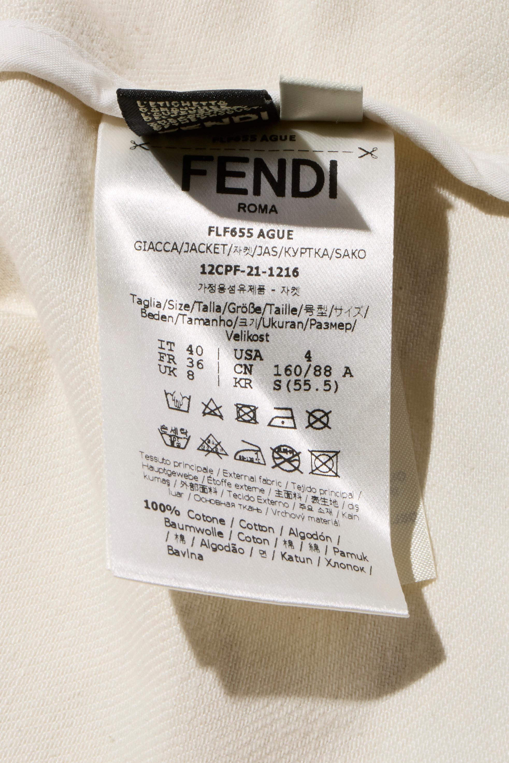 Fendi Donna Avorio FF Monogram Denim Jacket & Pants Set IT 40 Made in Italy in vendita 12