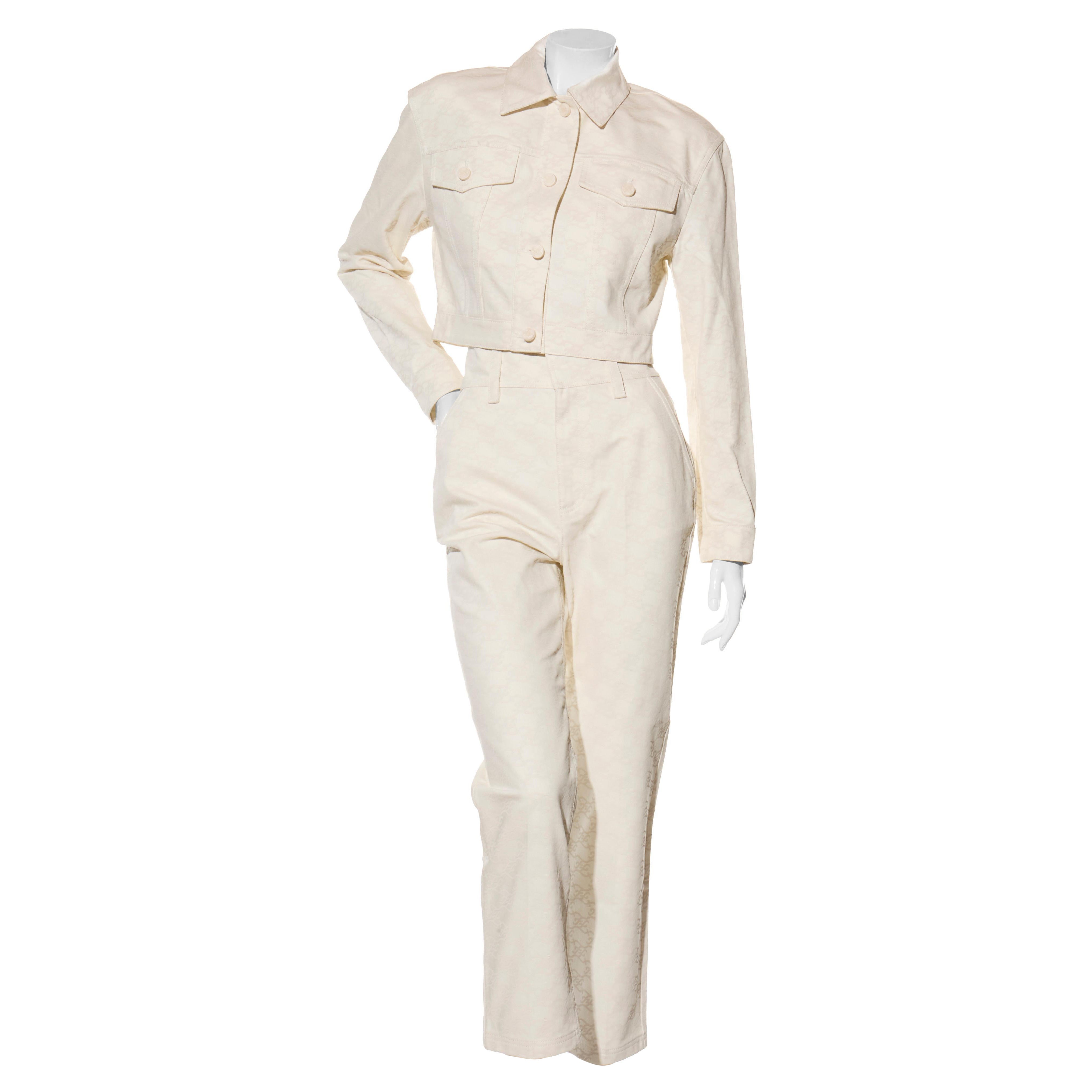 Fendi Donna Avorio FF Monogram Denim Jacket & Pants Set IT 40 Made in Italy in vendita