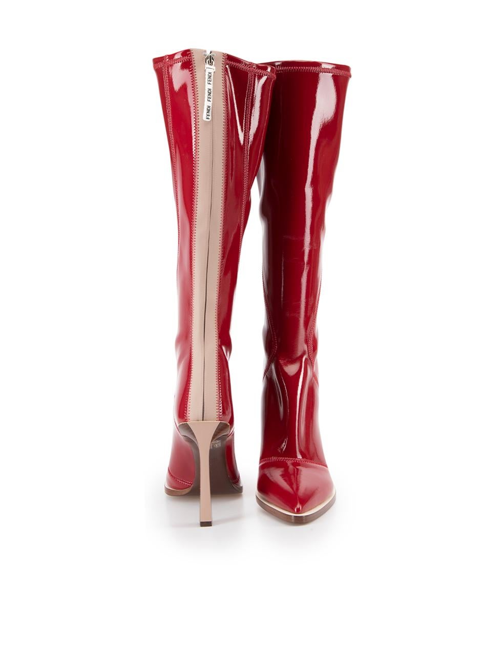 Fendi Women's Red Pointed Toe Patent Leather Knee Boots In Good Condition In London, GB