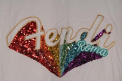 Fendi Womens Sequin Rainbow Logo T Shirt Large White Short Sleeve Top