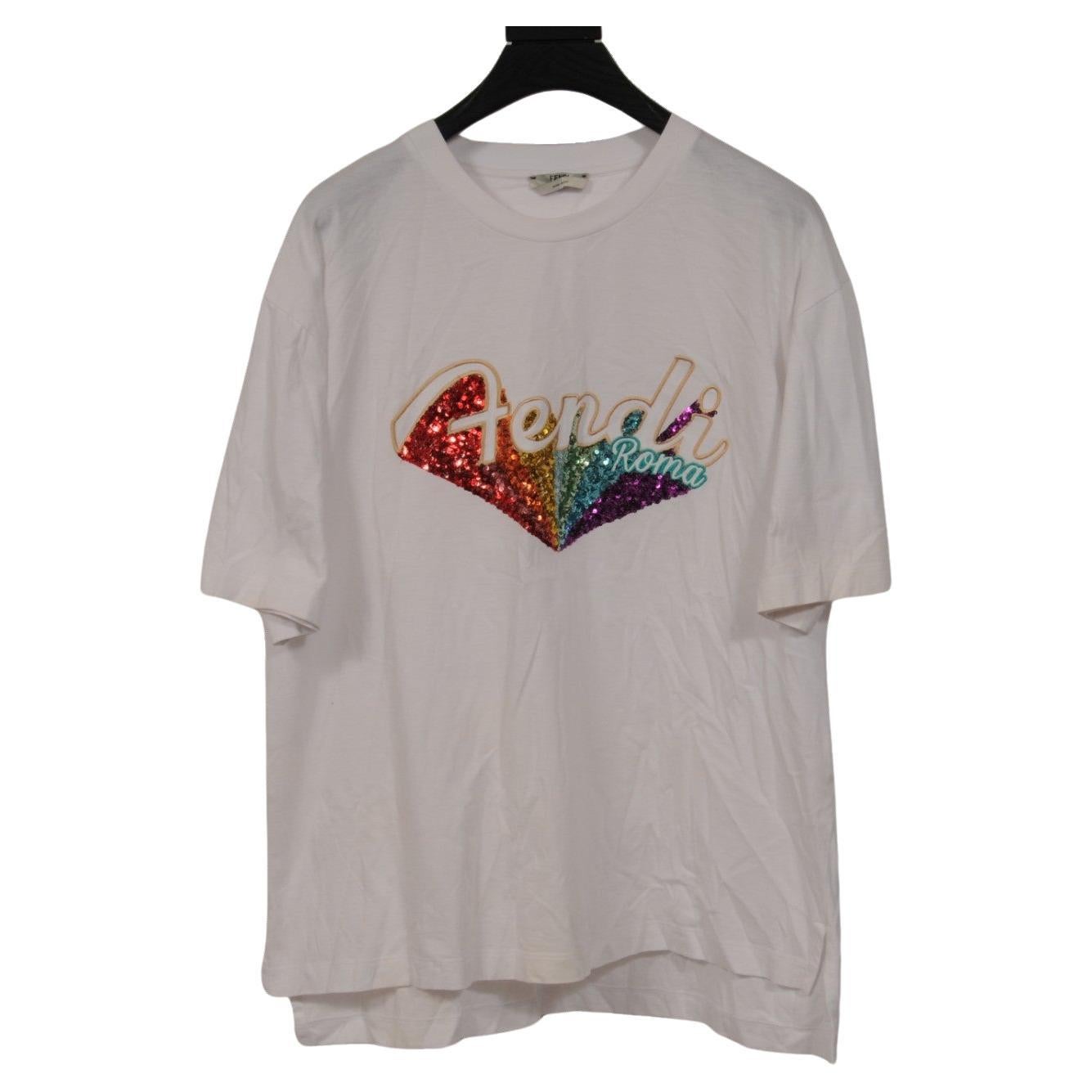 Fendi Womens Sequin Rainbow Logo T Shirt Large White Short Sleeve Top