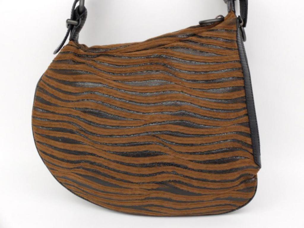Women's Fendi Wooden Patchwork Kidney Bean Hobo 230998 Brown Wool Shoulder Bag For Sale