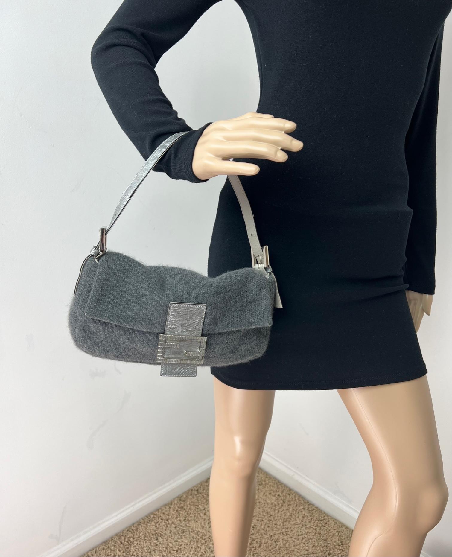 FENDI Wool Crystal Grey Baguette Small Shoulder Bag In Good Condition In Freehold, NJ