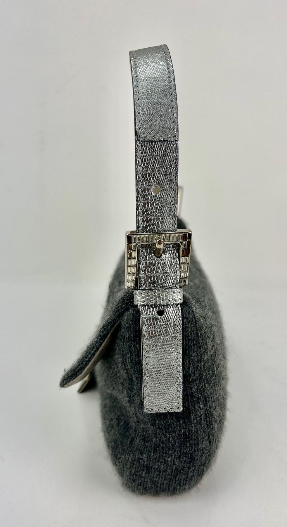 FENDI Wool Crystal Grey Baguette Small Shoulder Bag 2
