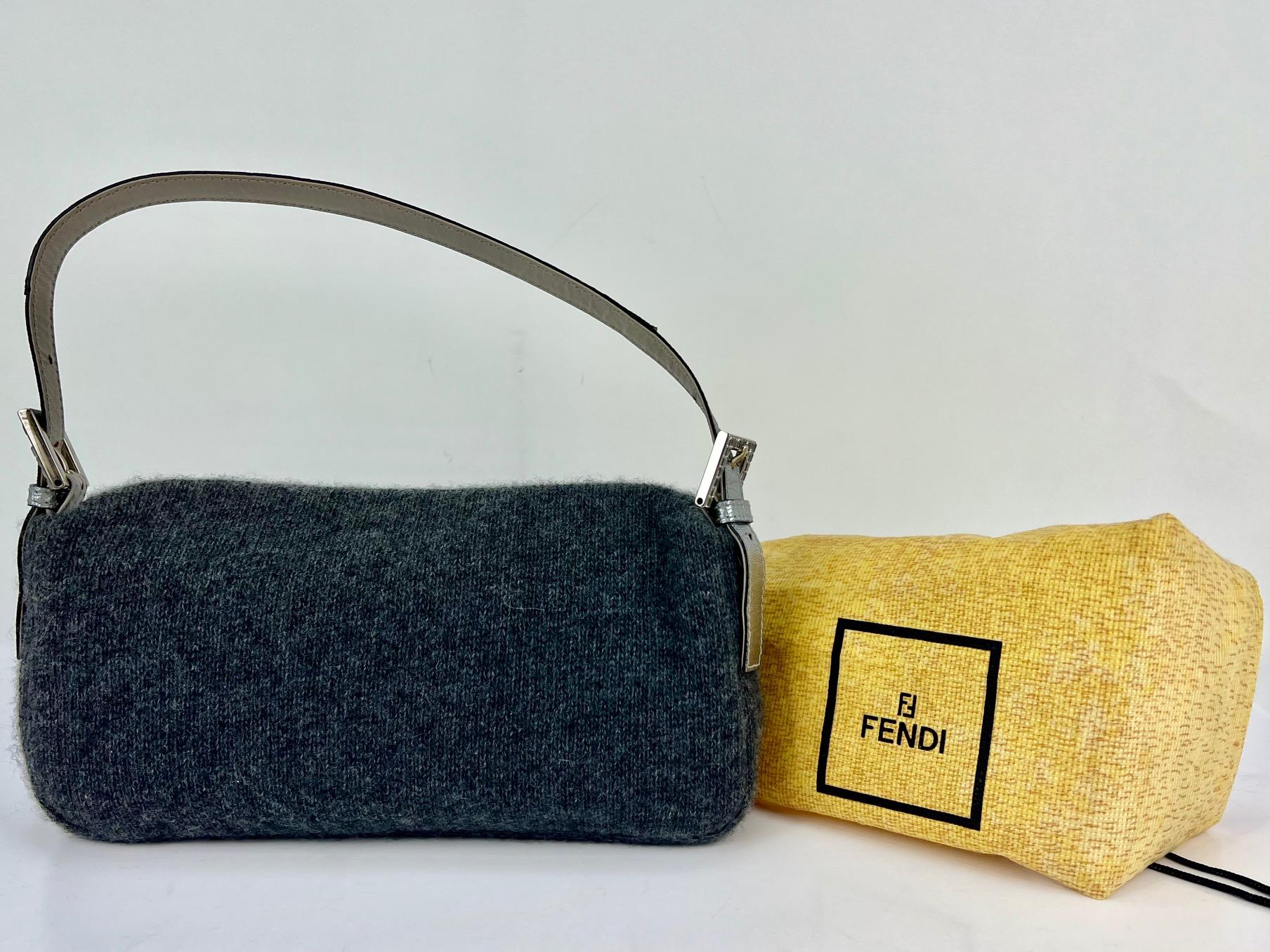 FENDI Wool Crystal Grey Baguette Small Shoulder Bag 3