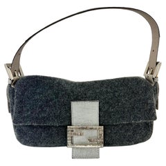 FENDI Wool Crystal Grey Baguette Small Shoulder Bag