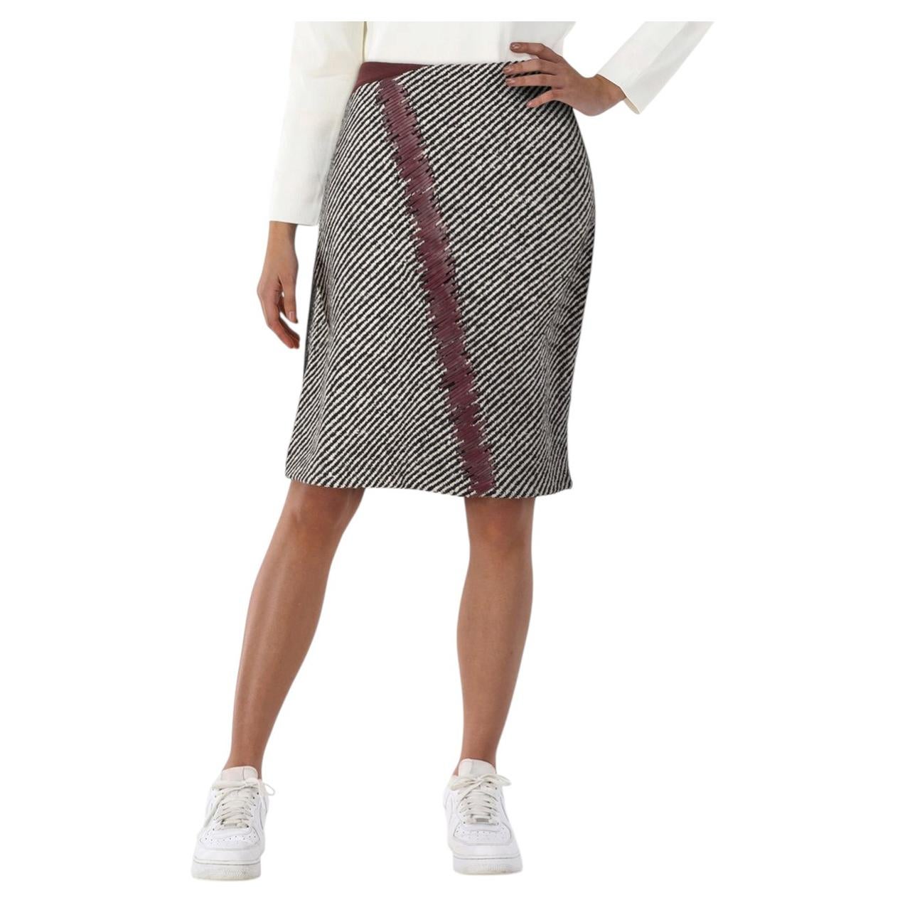 Fendi Wool Striped Tweed Leather Detail Midi Skirt Size L