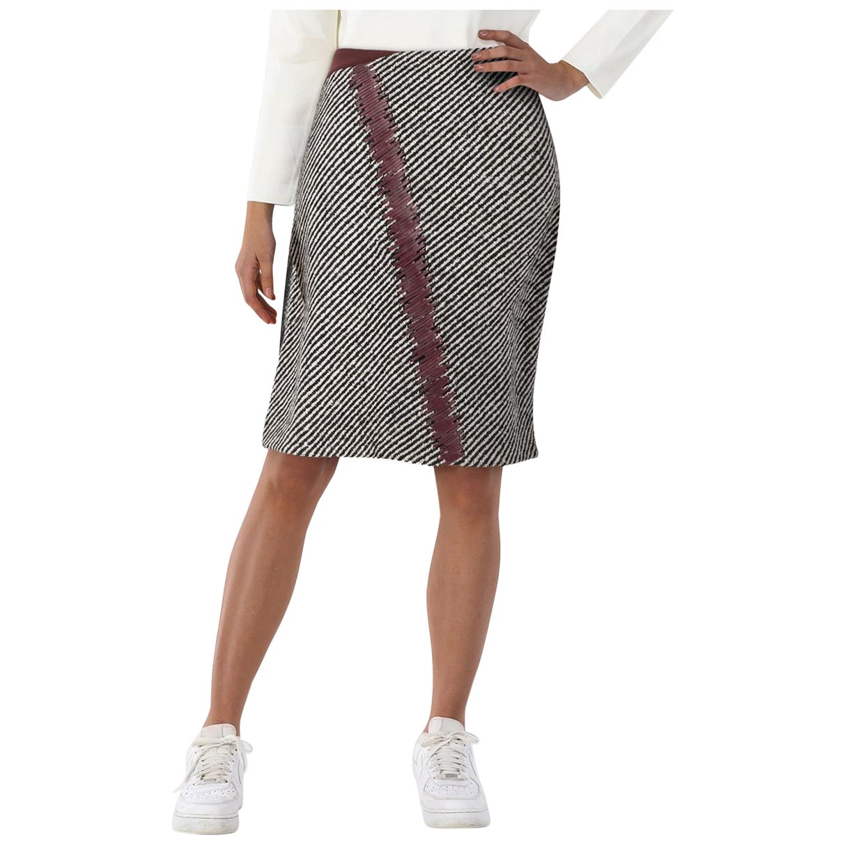 Fendi Wool Striped Tweed Leather Detail Midi Skirt Size L en vente