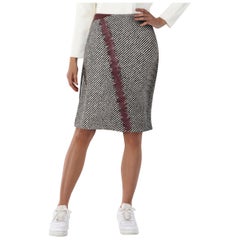Fendi Wool Striped Tweed Leather Detail Midi Skirt Size L