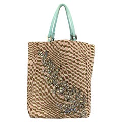 FENDI Woven Checkered Rhinestone Teal Lizard Handles Tote Bag