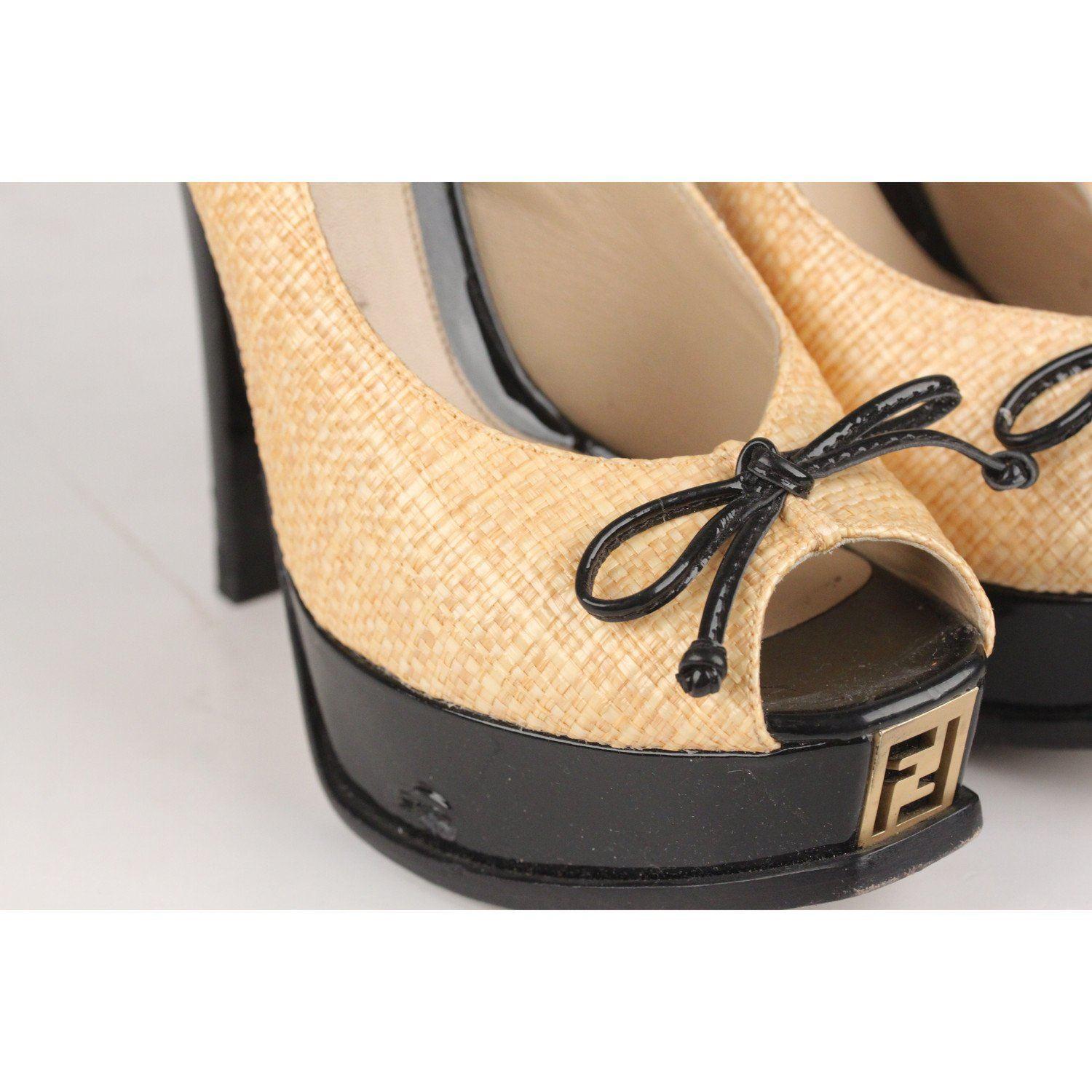 Beige Fendi Woven Raffia Patent Leather Slingback Pumps Size 36