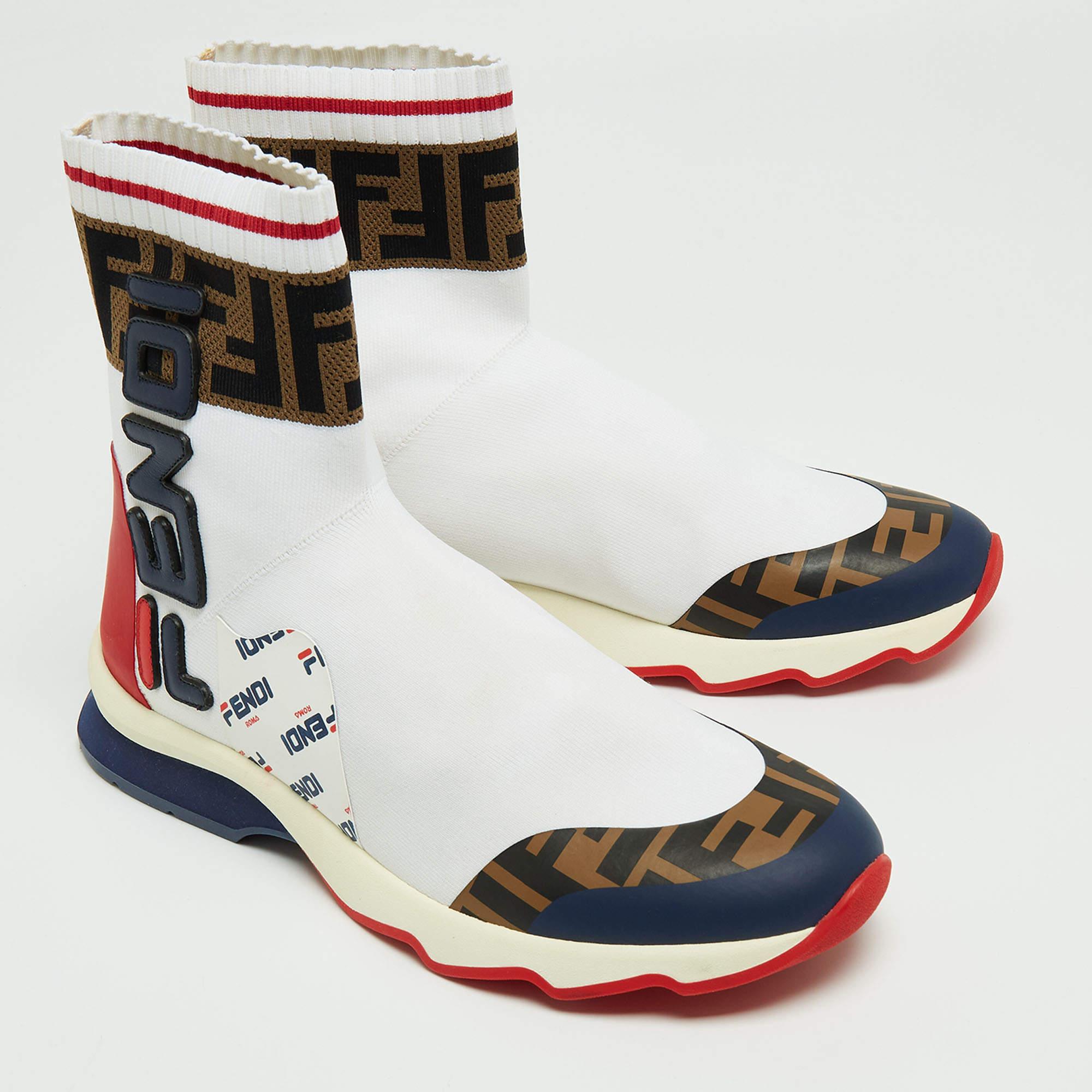 Women's Fendi x Fila Tricolor Knit Fabric and Leather Mania Sock Sneakers Size 38 For Sale