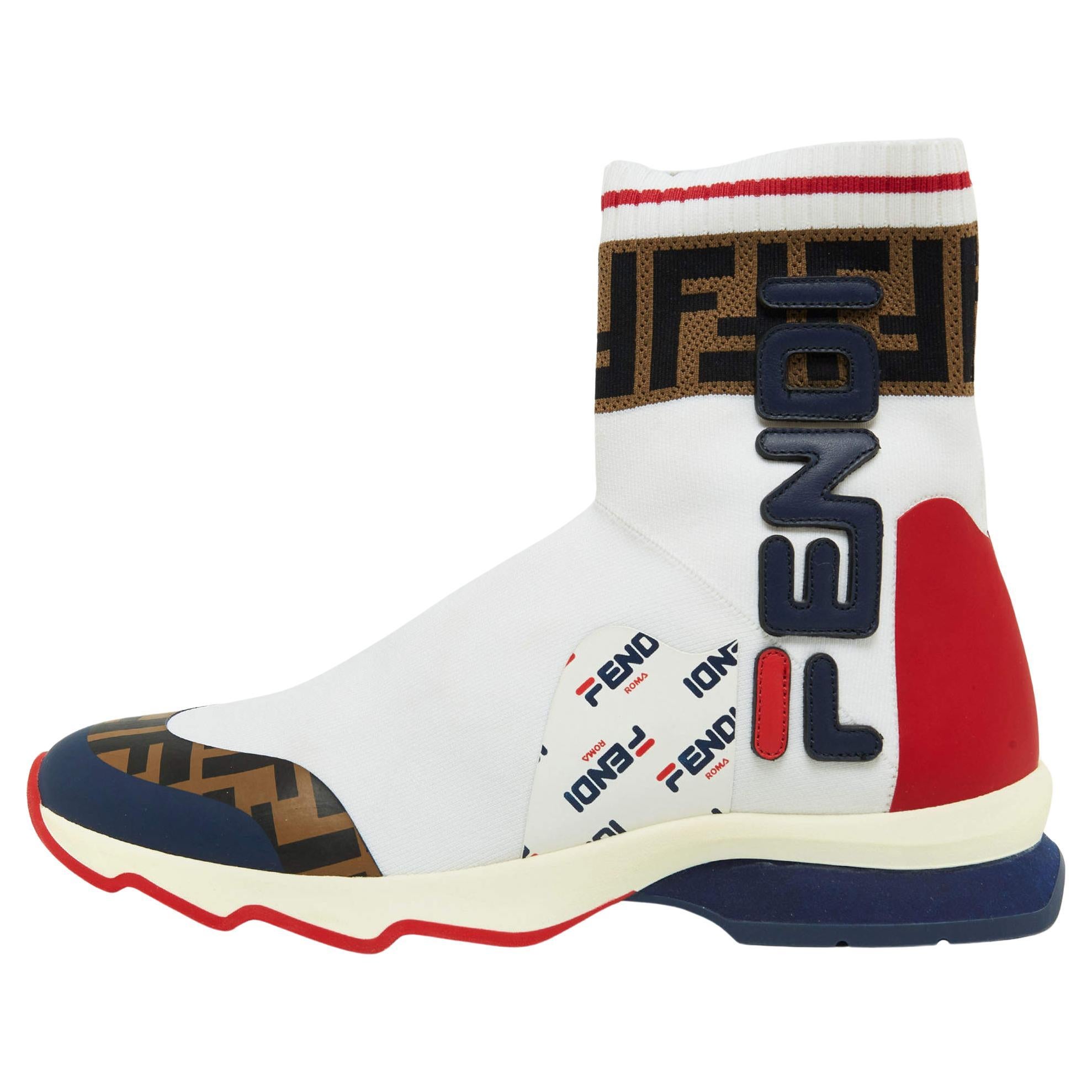Fendi x Fila Tricolor Knit Fabric and Leather Mania Sock Sneakers Size 38 For Sale