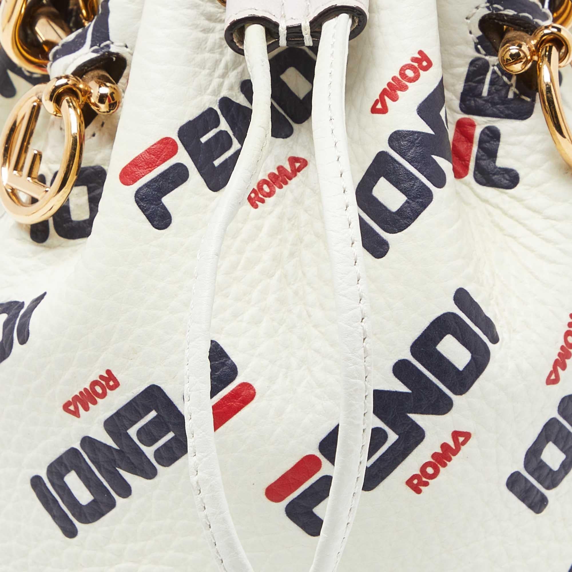 Fendi x Fila White Leather Mini Logo Mon Tresor Drawstring Bucket Bag For Sale 7