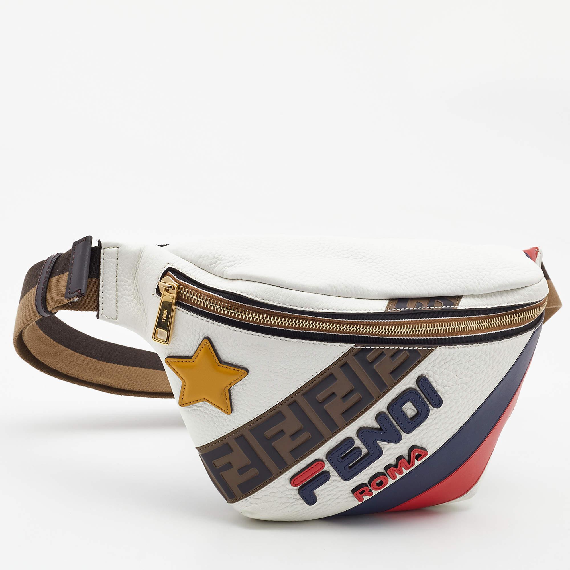 Beige Fendi x Fila White/Multicolor Leather Belt Bag For Sale