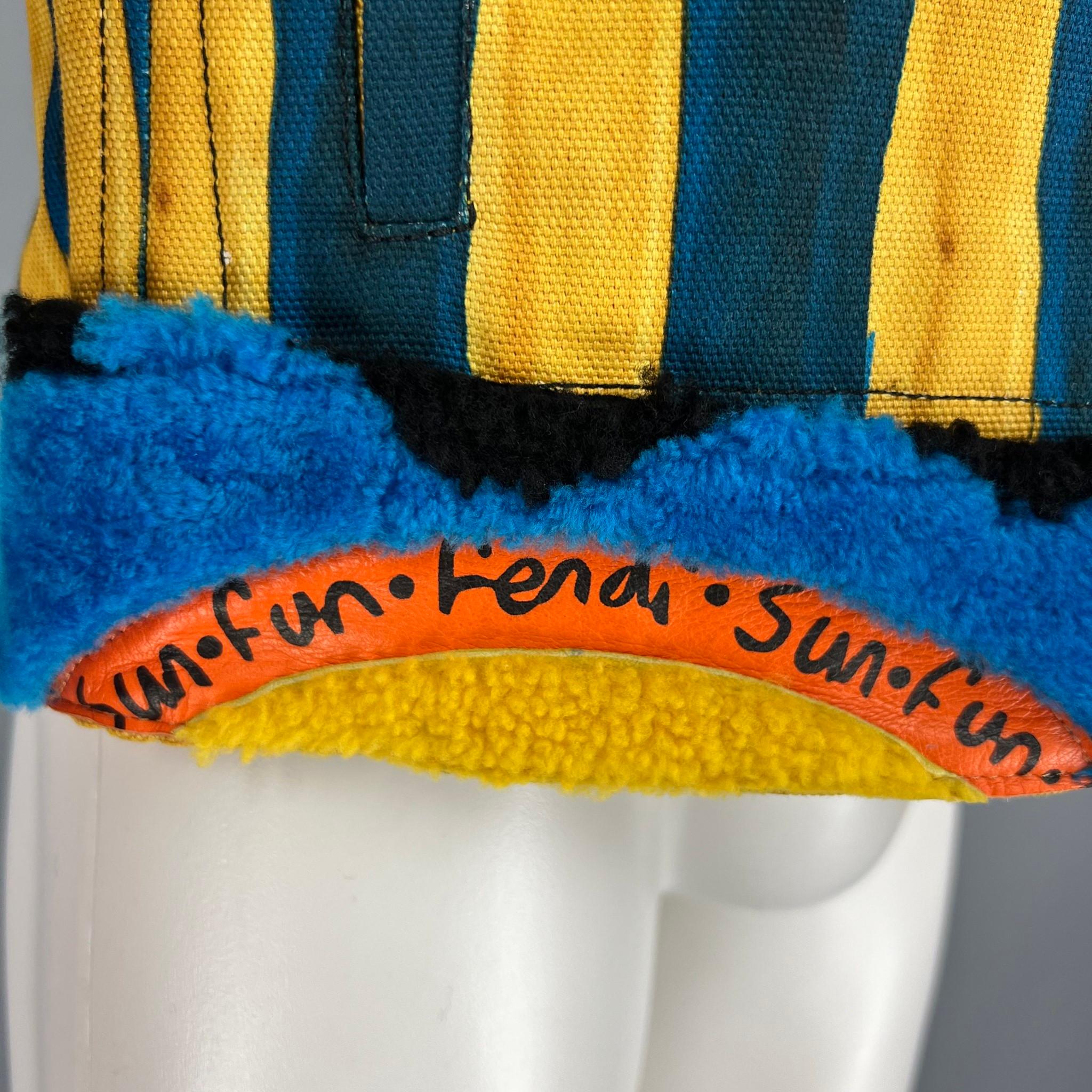 FENDI x JOHN BOOTH Size 40 Yellow Blue Stripe Cotton Lamb Fur Denim Jacket In Good Condition In San Francisco, CA