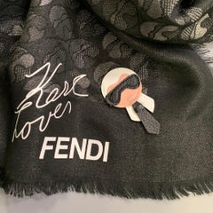 FENDI x KARL LAGERFELD Karl Lover Silver Black Silk Wool Scarf Shawl