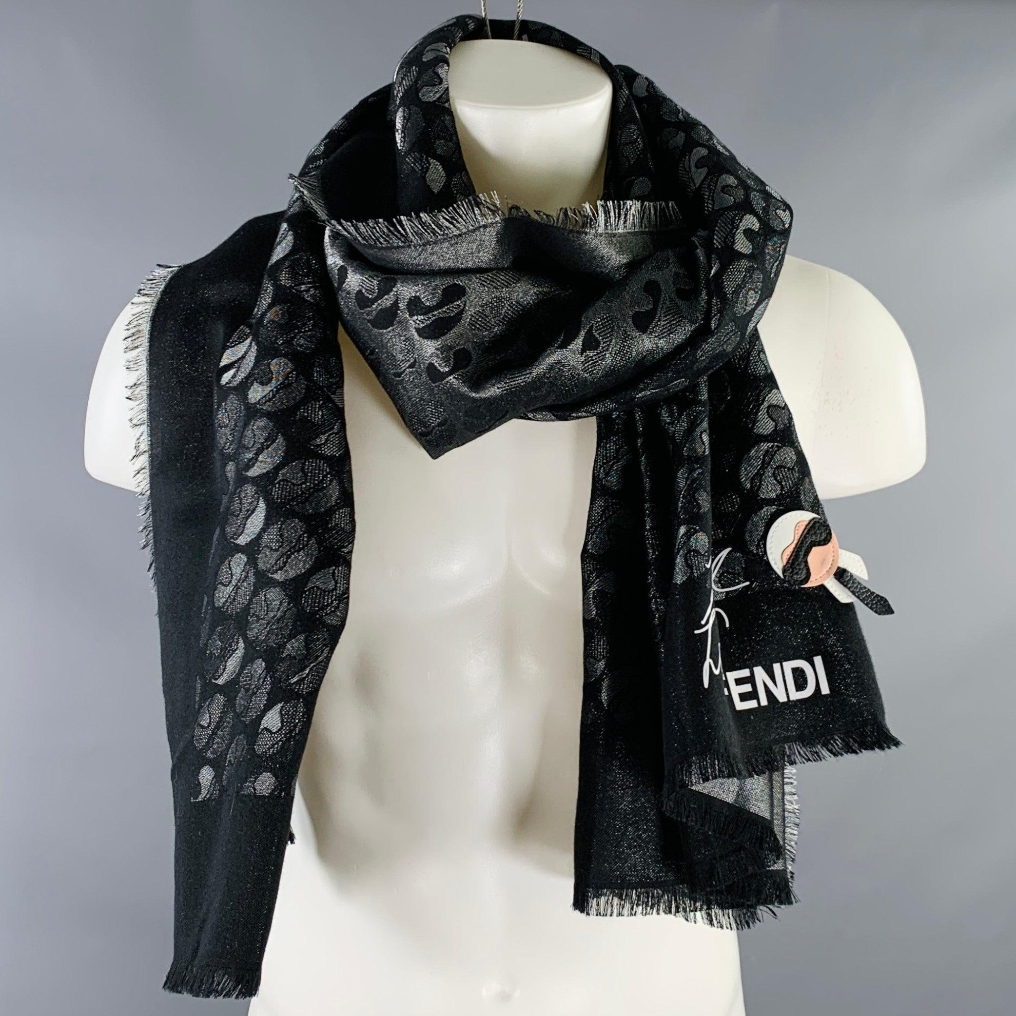 FENDI x KARL LAGERFELD Karl Lover Silver Black Silk Wool Scarf Shawl 1