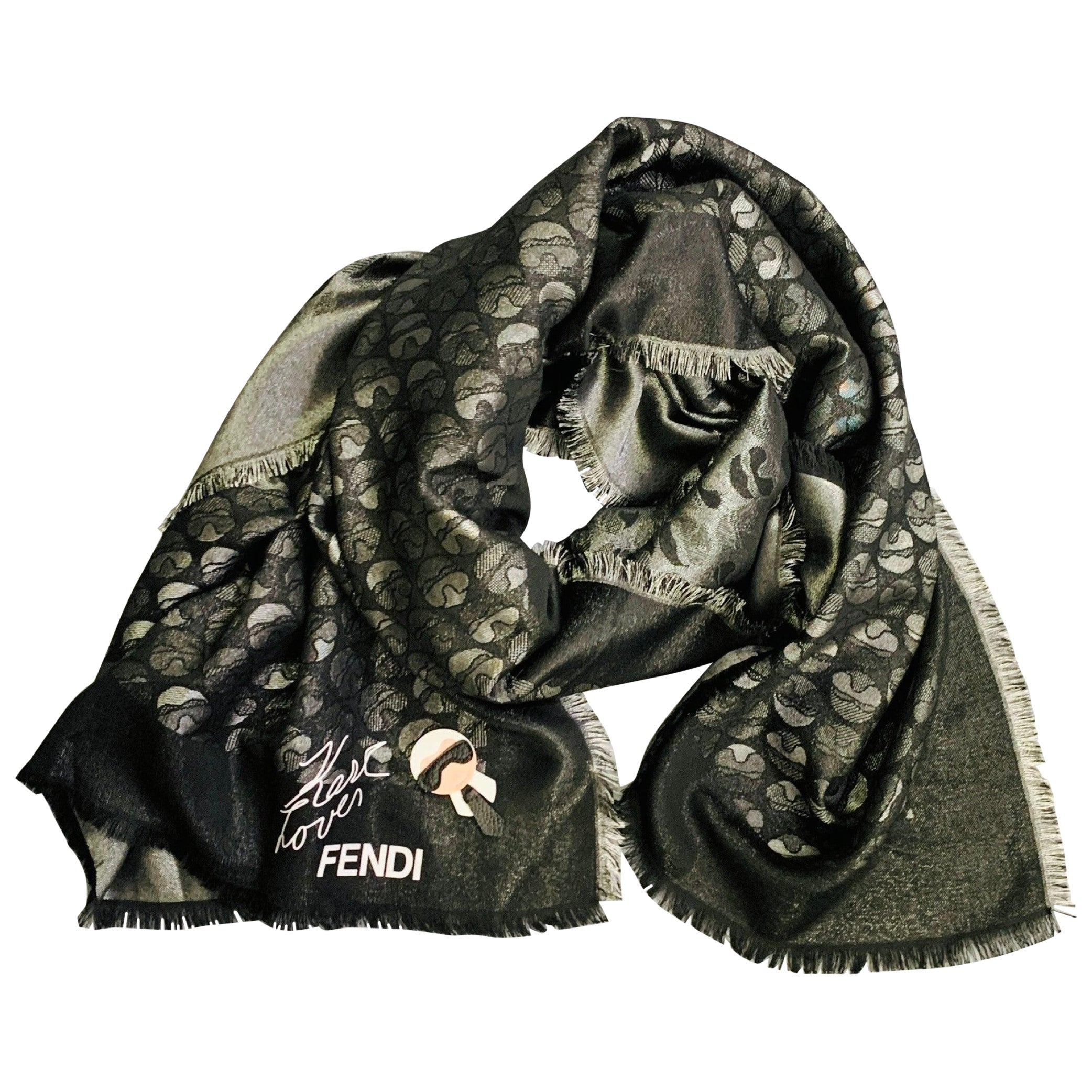 FENDI x KARL LAGERFELD Karl Lover Silver Black Silk Wool Scarf Shawl