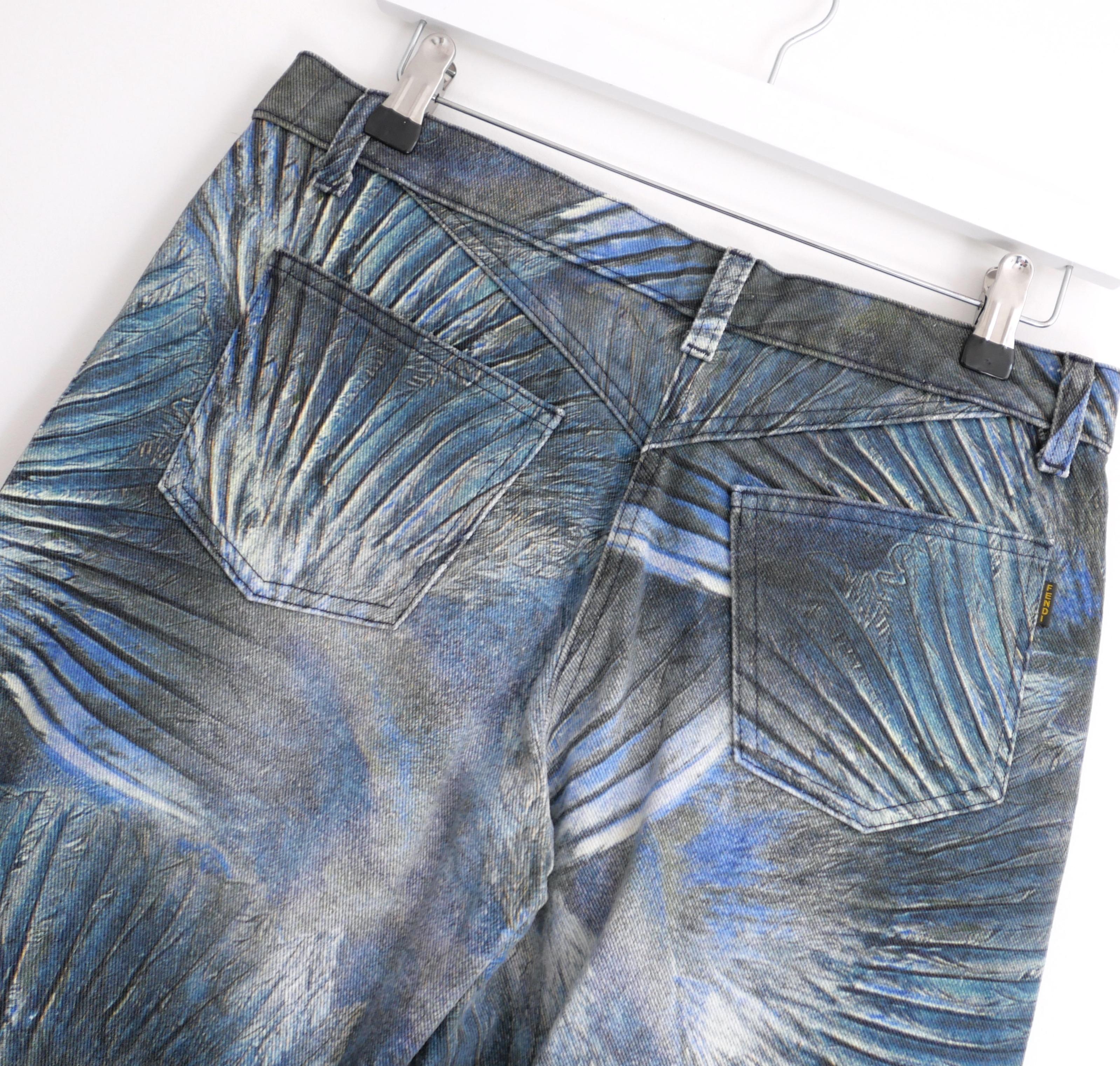 Women's Fendi x Karl Lagerfeld Vintage Spring 2003 Feather Print Jeans For Sale