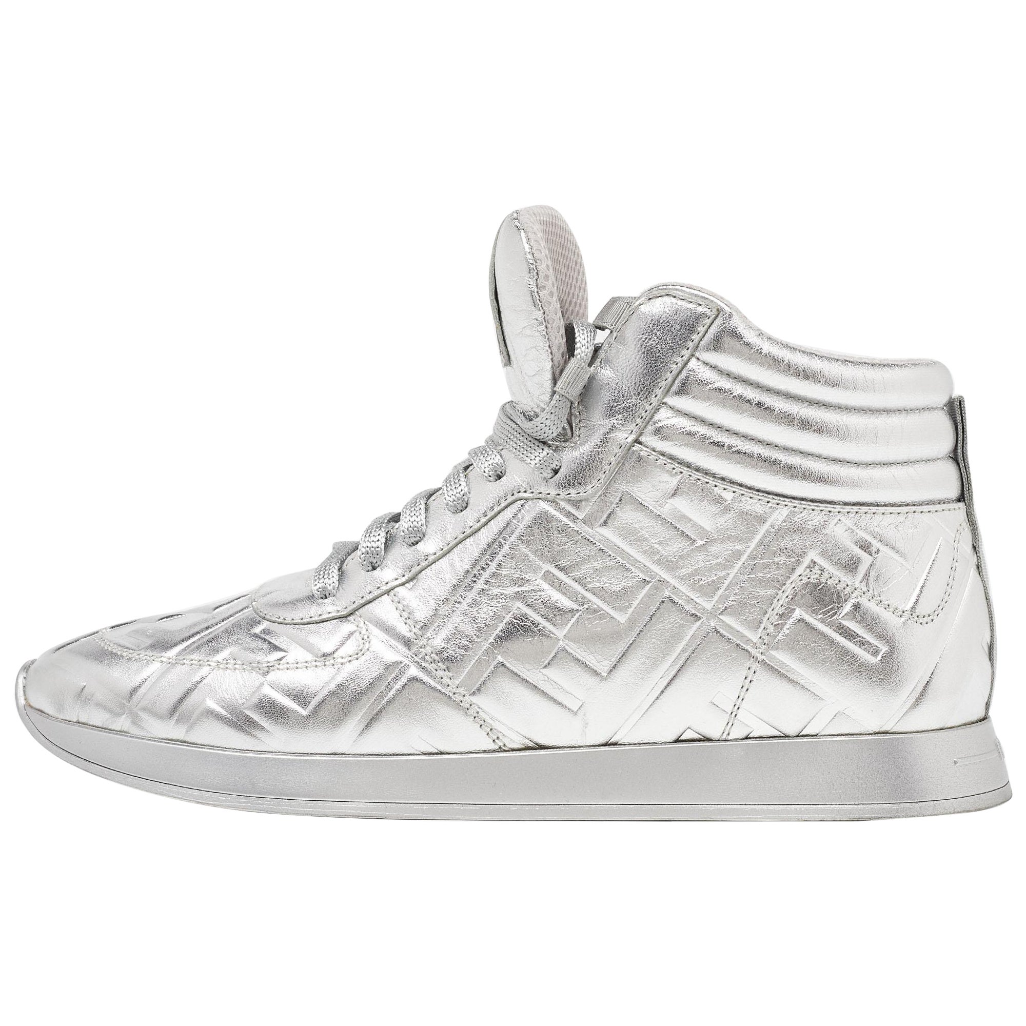 Fendi X Nicki Minaj Silver Laminated Leather High Top Sneakers 37.5