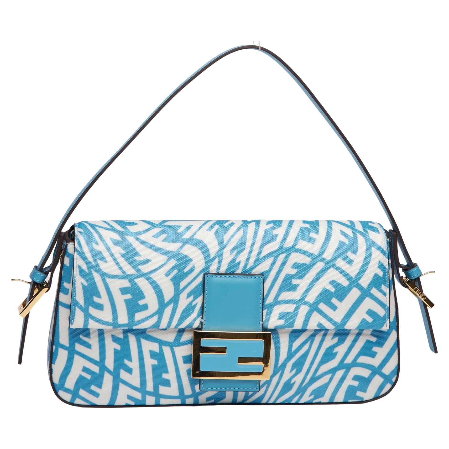 Fendi X Sarah Coleman Canvas Blue FF Vertigo Baguette Bag (2021) For Sale