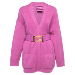Fendi X Skims Pink Logo Embossed Knit Button Front Belted Cardigan 
