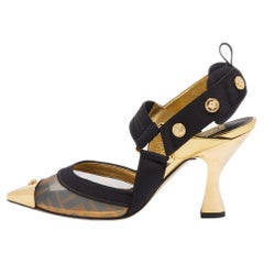 Fendi x Versace Black/Gold Mesh and Fabric Slingback Pumps Size 37