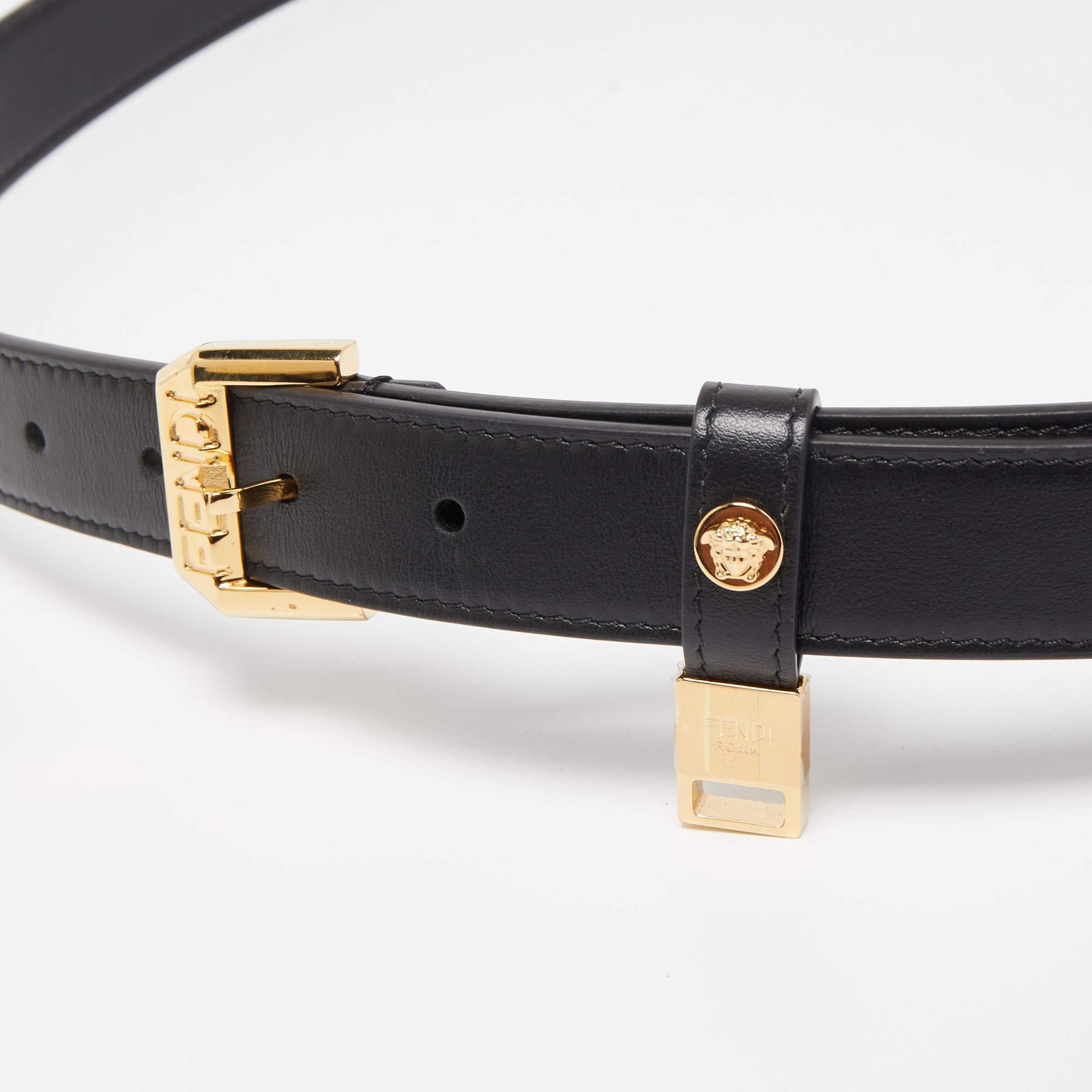 Women's Fendi x Versace Black Leather Logo Letters Buckle Belt 105CM For Sale