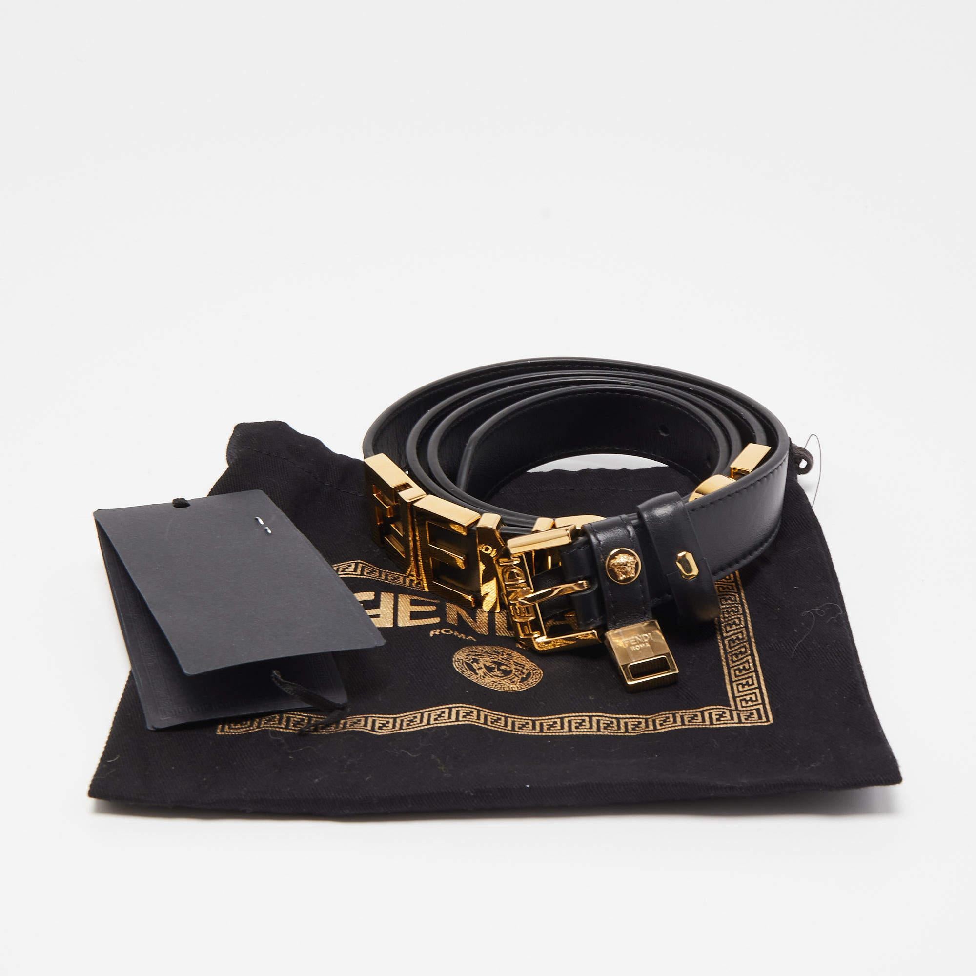 Fendi x Versace Black Leather Logo Letters Buckle Belt 105CM For Sale 3