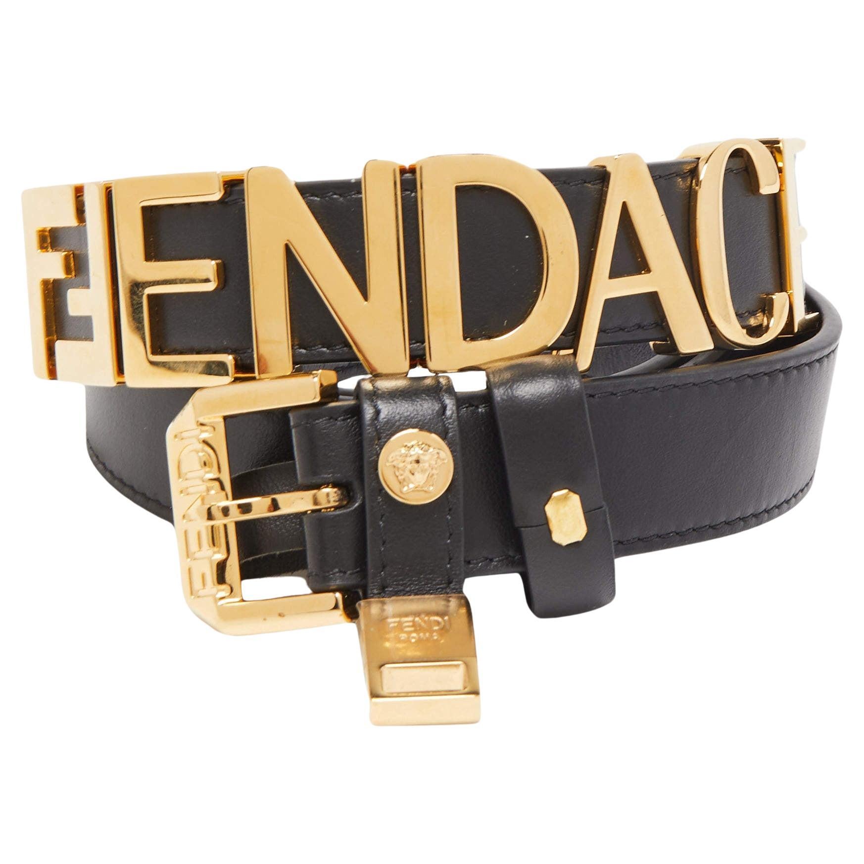 Fendi x Versace Black Leather Logo Letters Buckle Belt 105CM For Sale