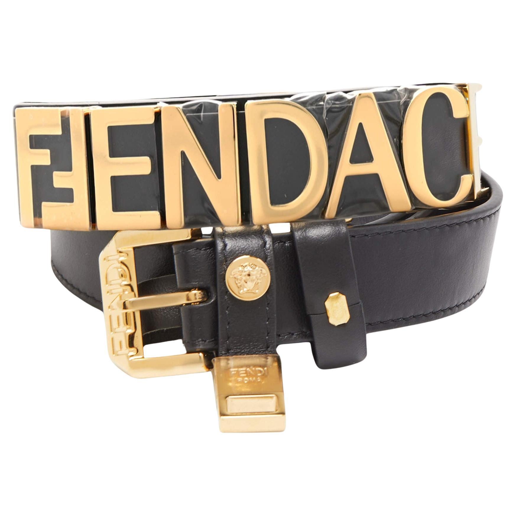 Fendi x Versace Black Leather Logo Letters Buckle Belt 90CM For Sale
