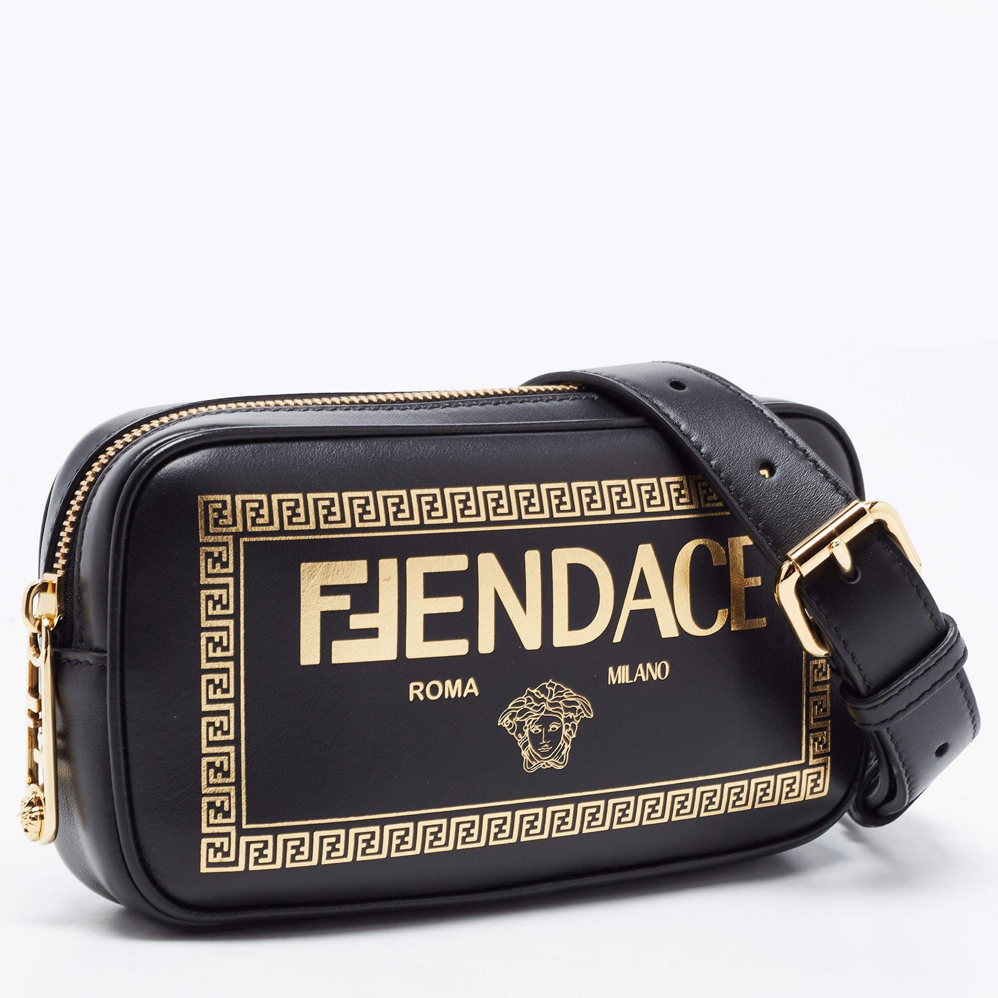 Women's Fendi x Versace Black Leather Logo Print Fendace Camera Bag