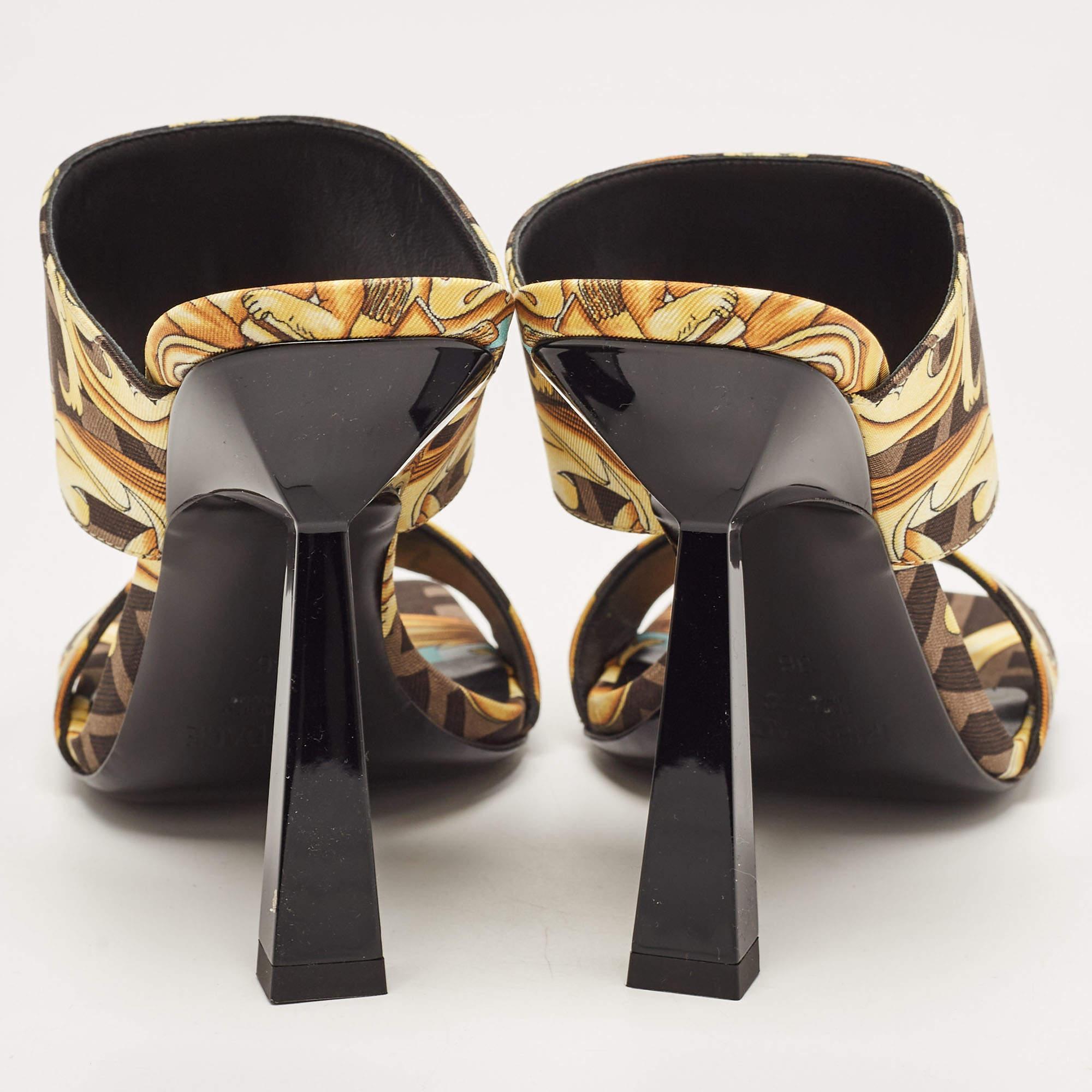 Fendi x Versace Black/Yellow Baroque Fabric Fendace Medusa Slide Sandals Size 36 For Sale 1