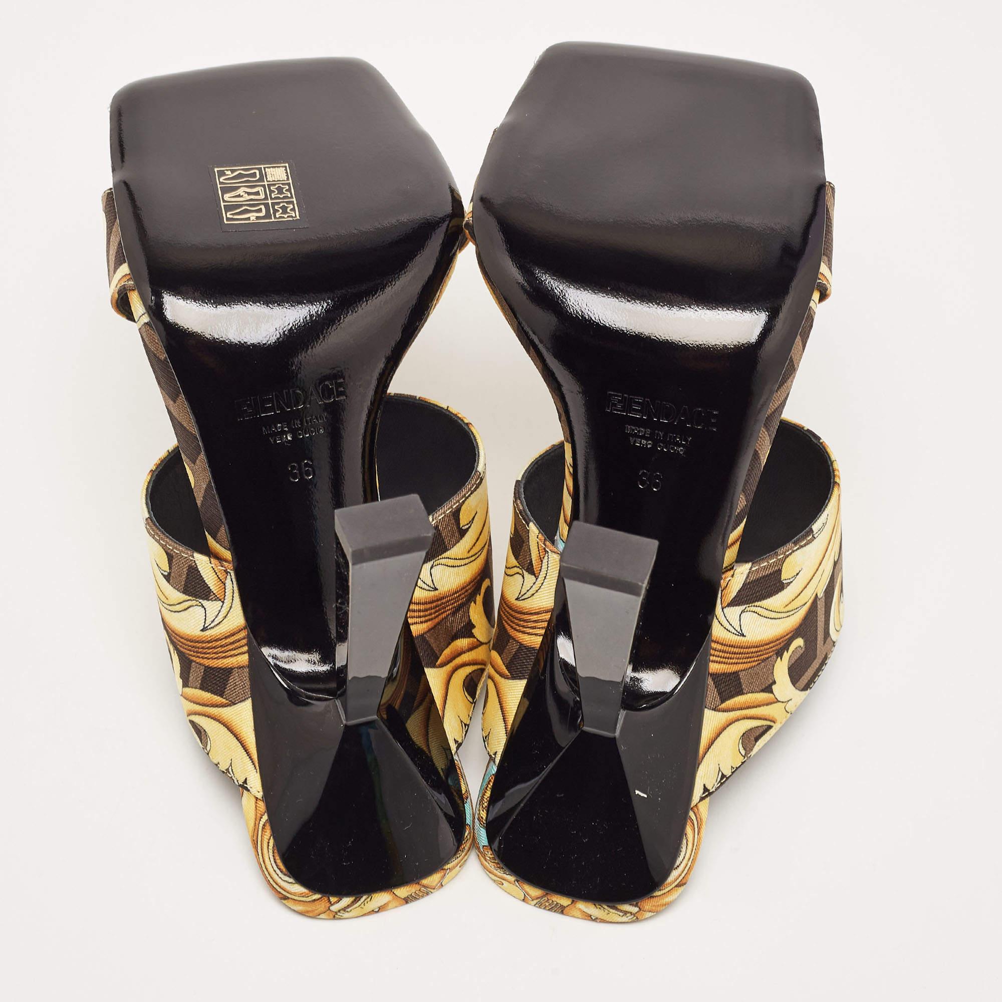 Fendi x Versace Black/Yellow Baroque Fabric Fendace Medusa Slide Sandals Size 36 For Sale 1