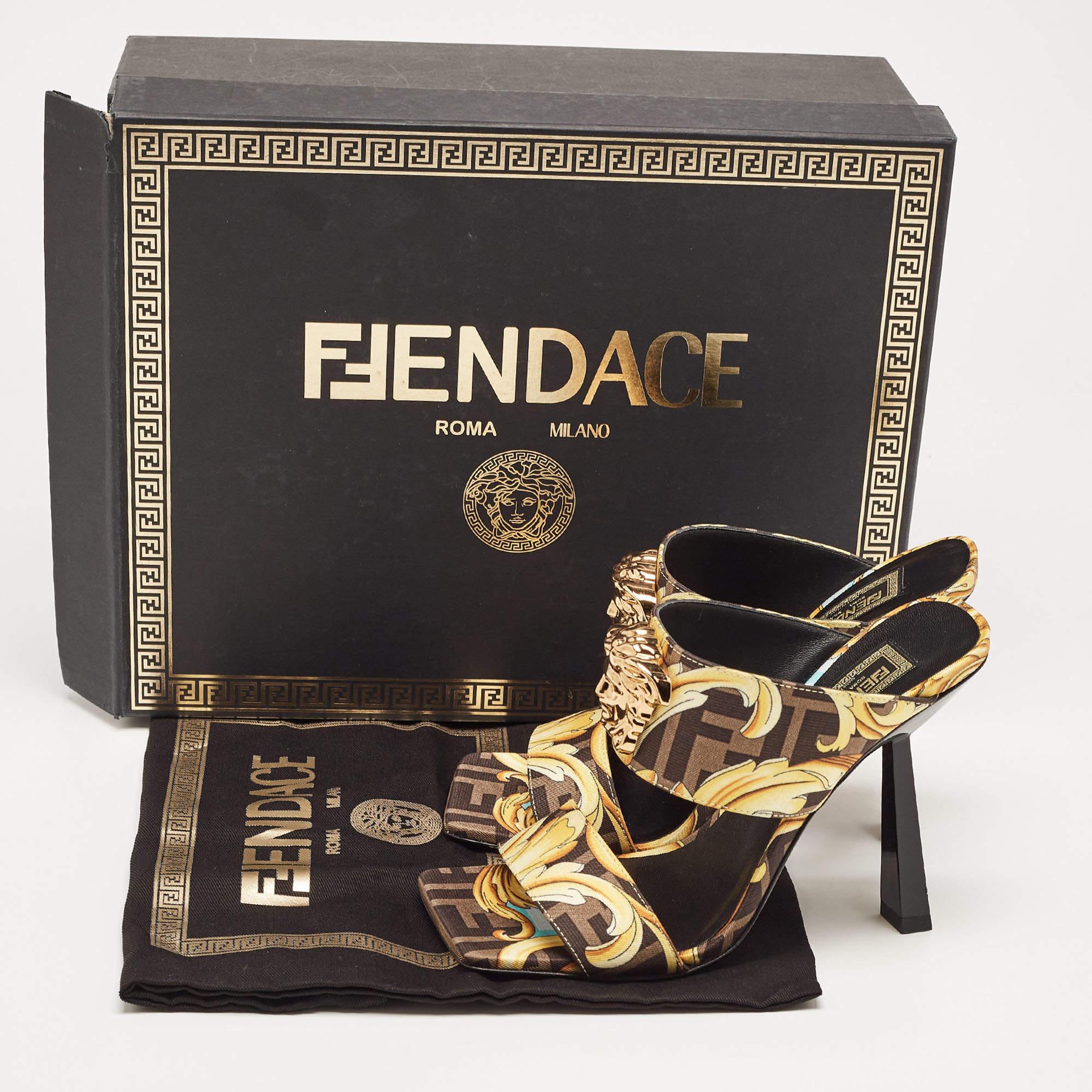 Fendi x Versace Black/Yellow Baroque Fabric Fendace Medusa Slide Sandals Size 36 For Sale 5