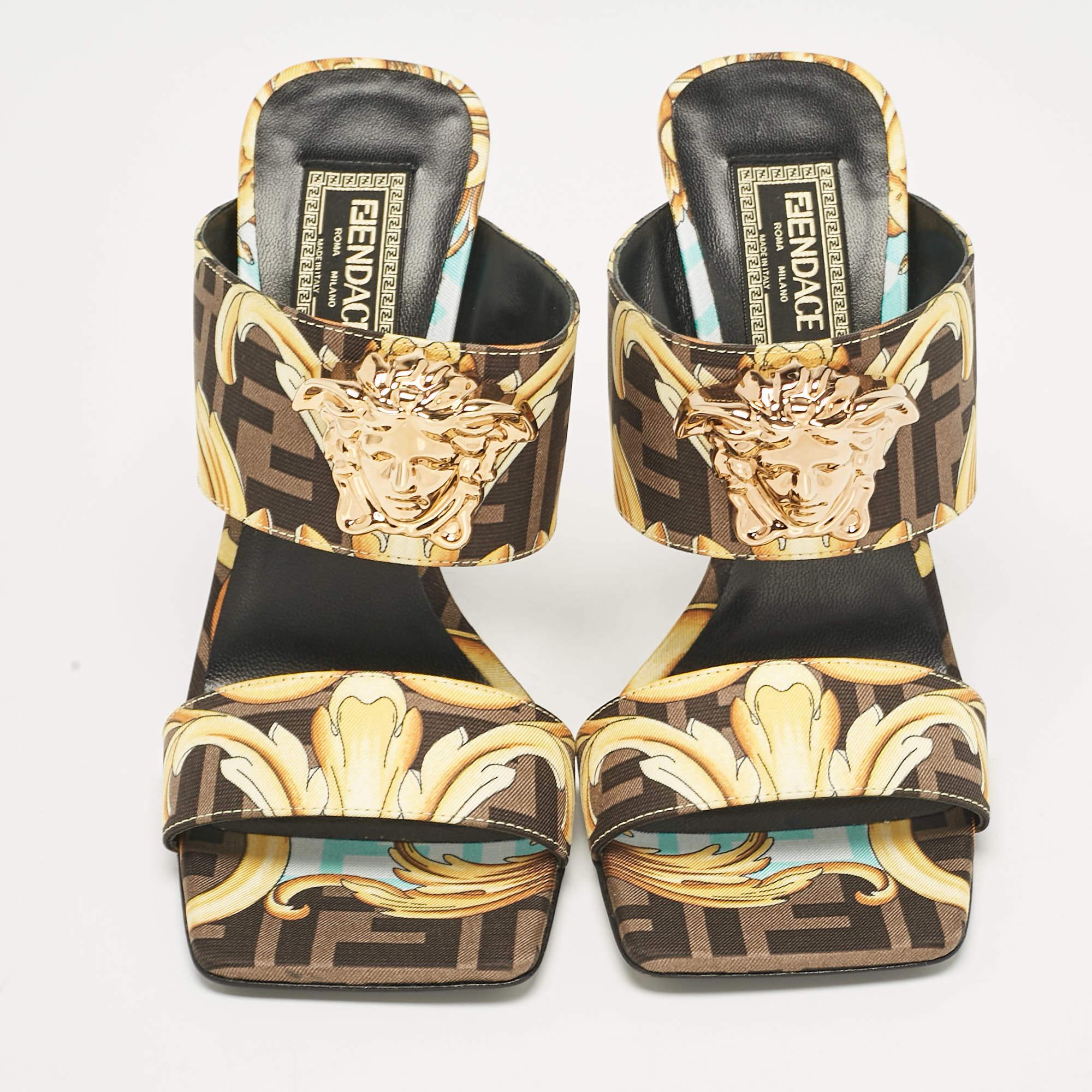 Gray Fendi x Versace Black/Yellow Baroque Fabric Medusa Slide Sandals Size 36.5