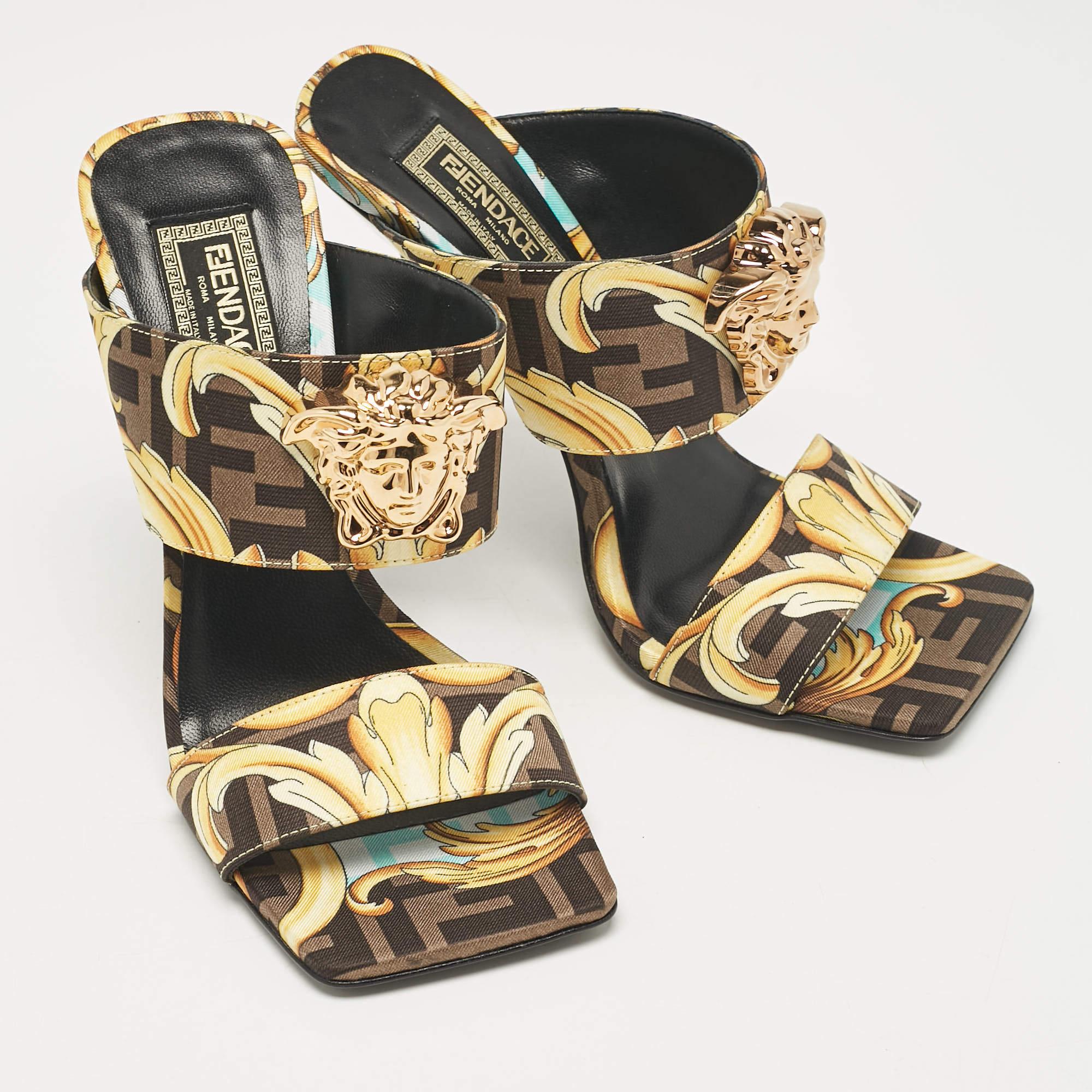 Fendi x Versace Black/Yellow Baroque Fabric Medusa Slide Sandals Size 36.5 In New Condition In Dubai, Al Qouz 2