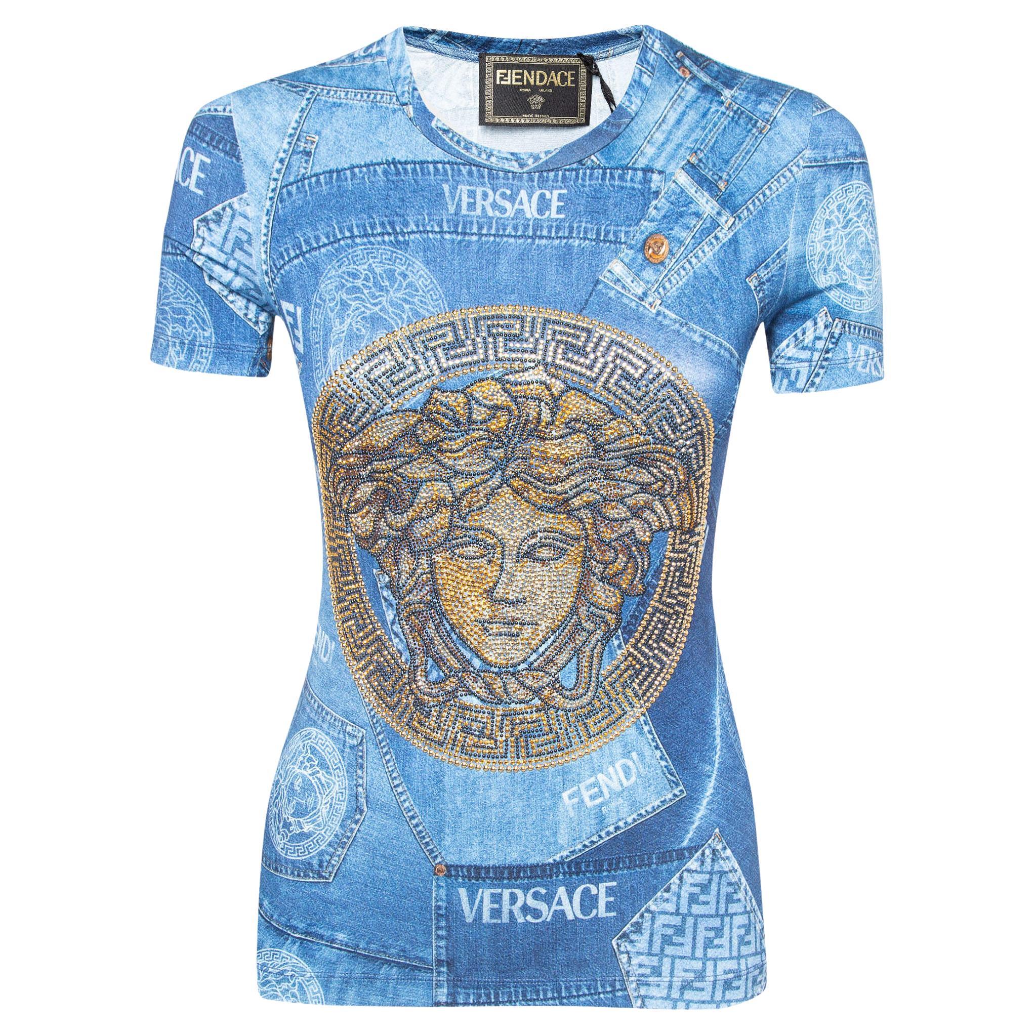 Fendi x Versace Blue Denim Print Logo Embellished Jersey T-Shirt M For Sale