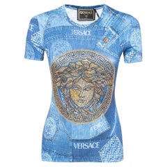 Used Fendi x Versace Blue Denim Print Logo Embellished Jersey T-Shirt M