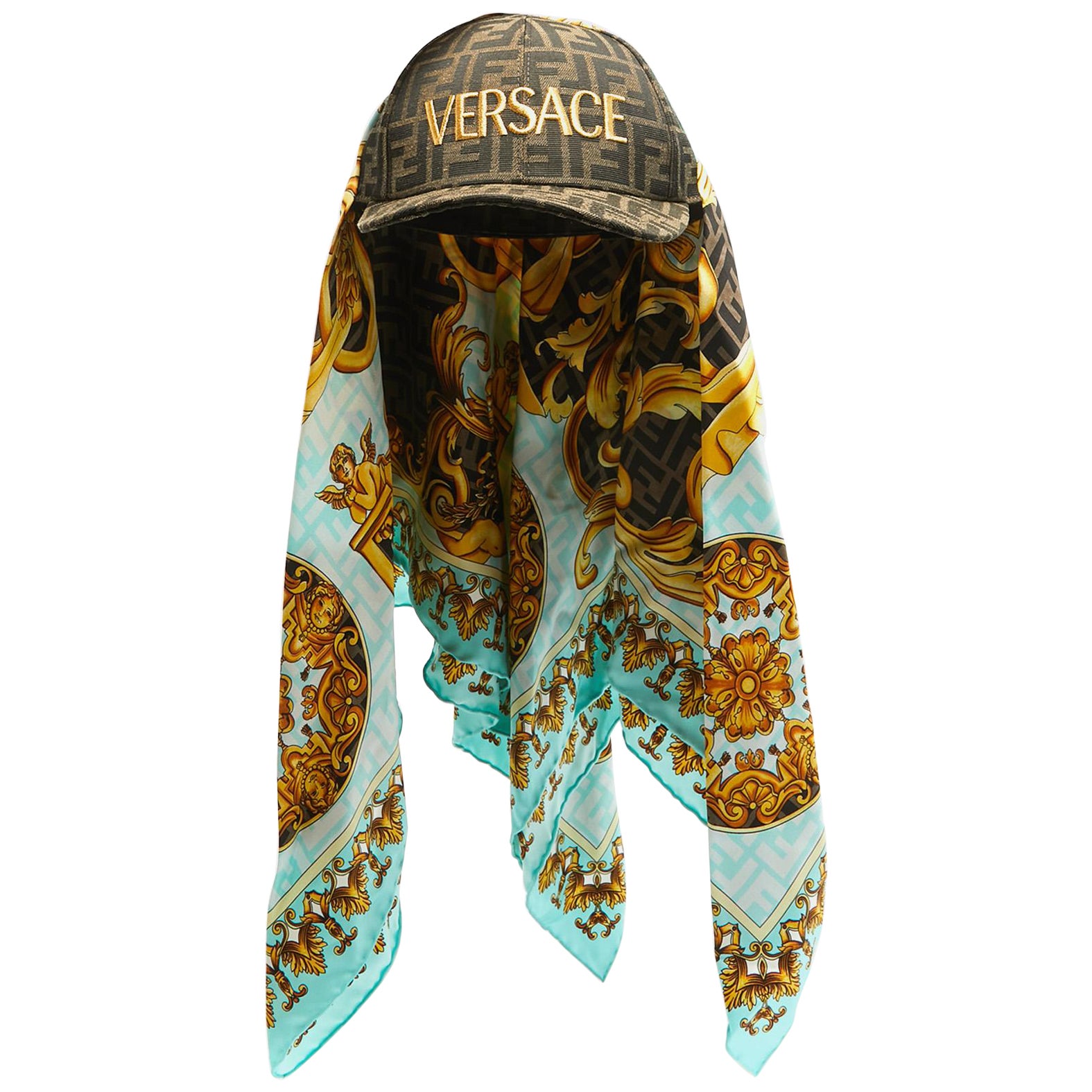 Fendi X Versace Brown Baroque/Foulard Canvas and Silk Scarf Baseball Cap