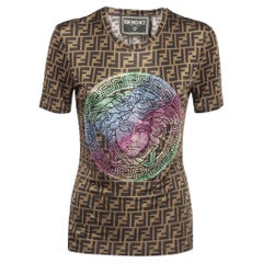 Used Fendi x Versace Brown Monogram Jersey Crystal Embellished T-Shirt M