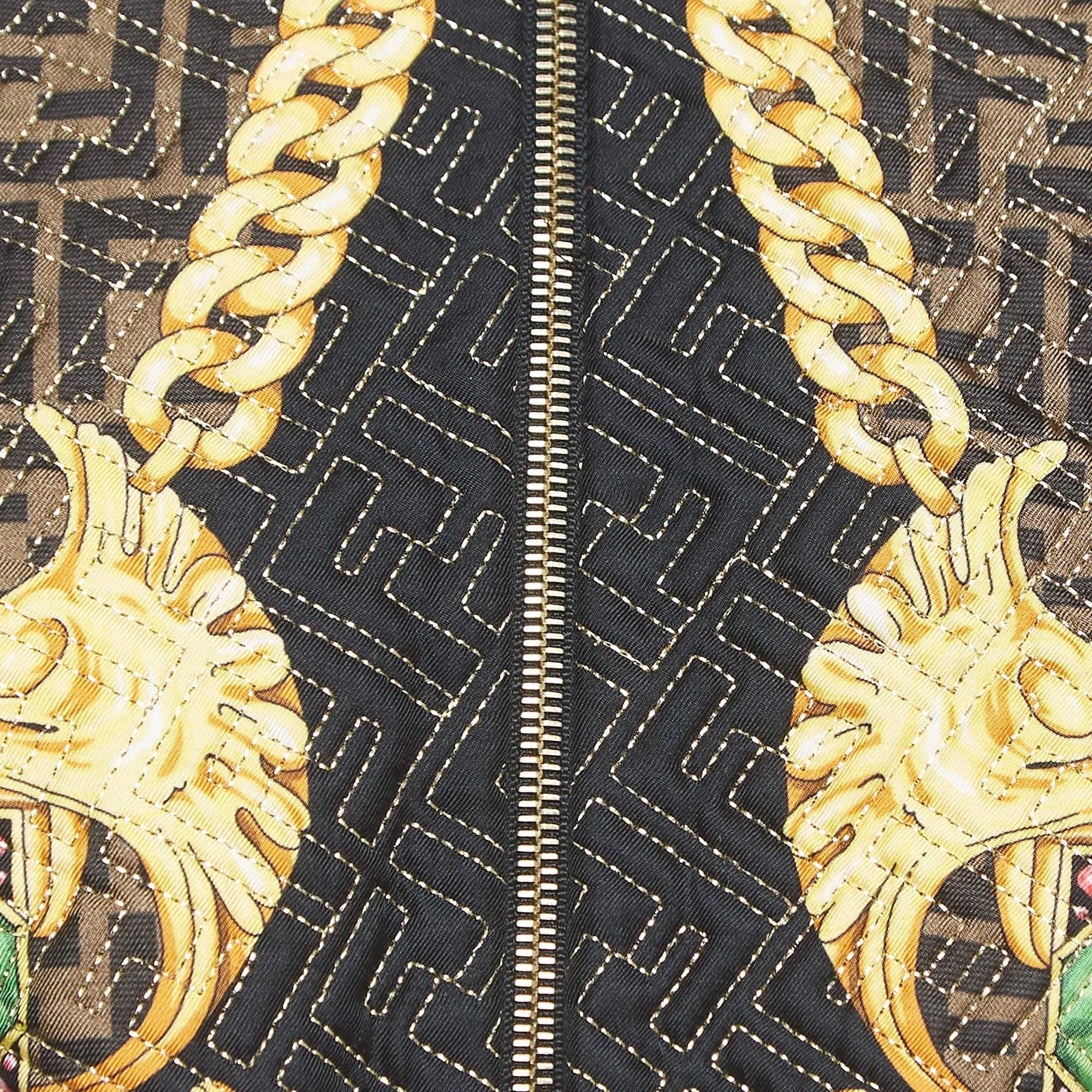 Fendi x Versace Brown/Multicolor FF Quilted Silk Cropped Jacket XS In Excellent Condition In Dubai, Al Qouz 2