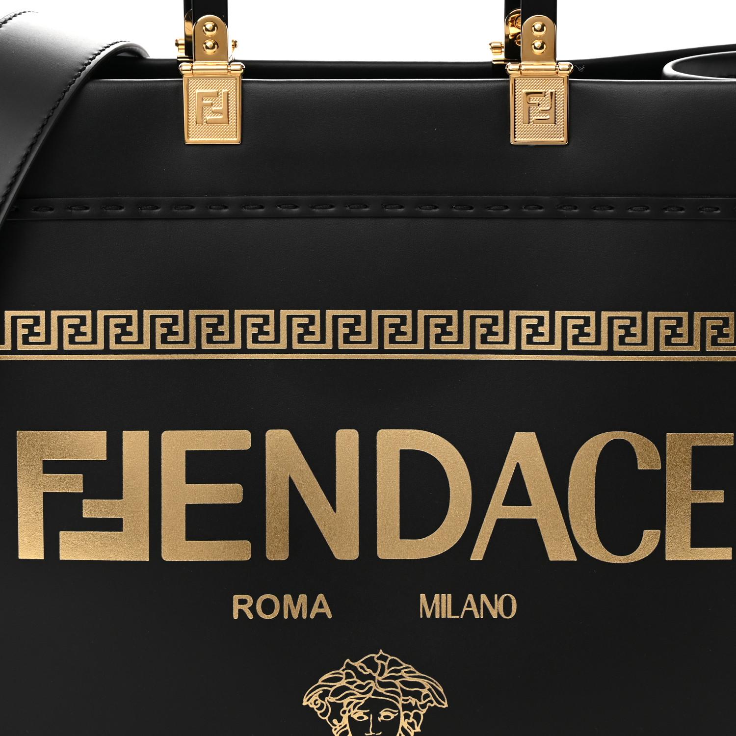 Women's FENDI X VERSACE Calfskin Fendace Medium Fendi Sunshine Shopper Tote Black For Sale
