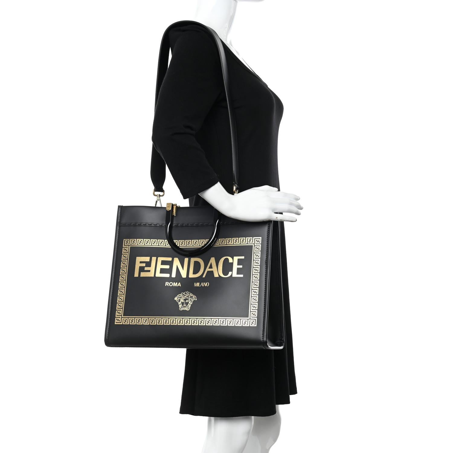FENDI X VERSACE Calfskin Fendace Medium Fendi Sunshine Shopper Tote Black For Sale 5