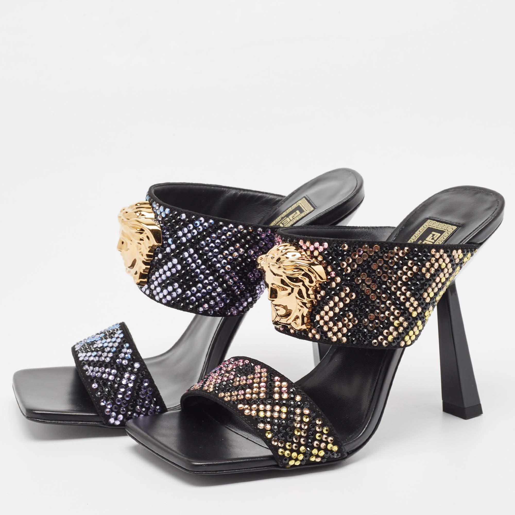 Fendi x Versace Fendace Black/Gold Suede Crystal Embellished Slide Sandals  In Excellent Condition In Dubai, Al Qouz 2