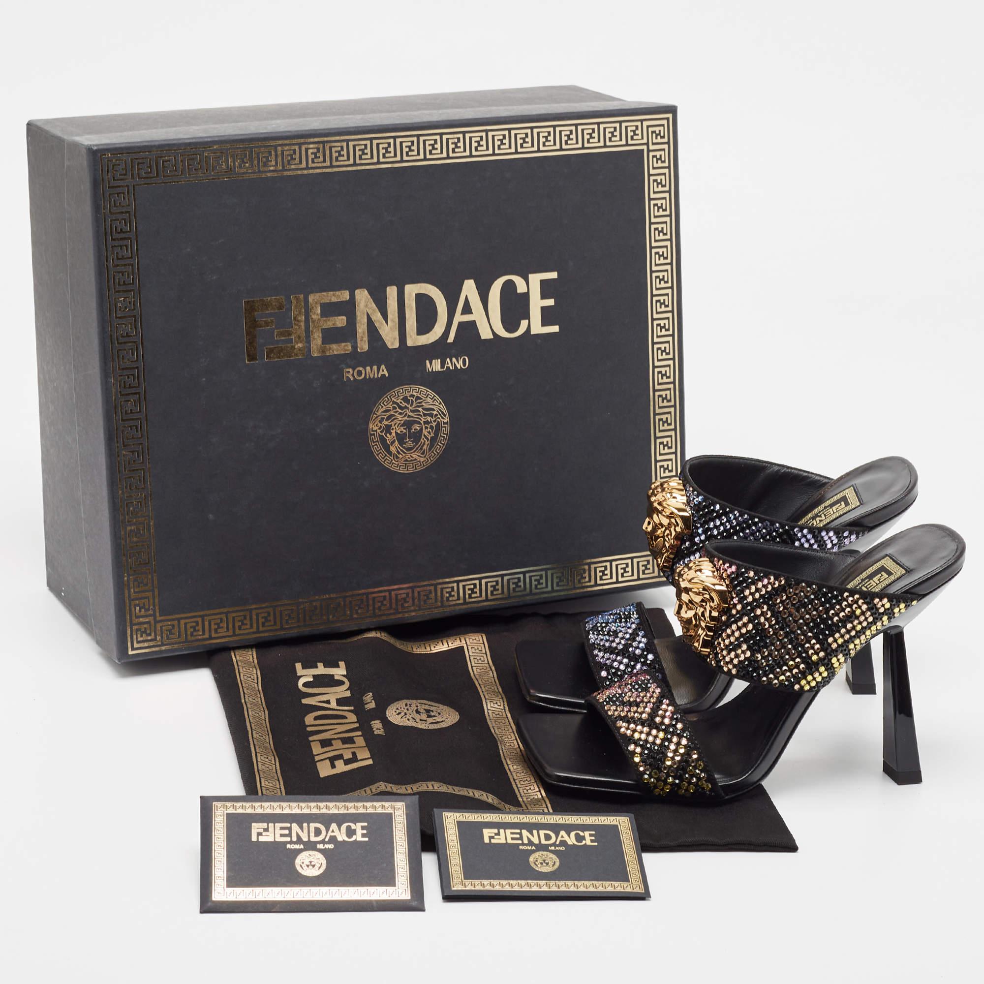 Fendi x Versace Fendace Black/Gold Suede Crystal Embellished Slide Sandals  2