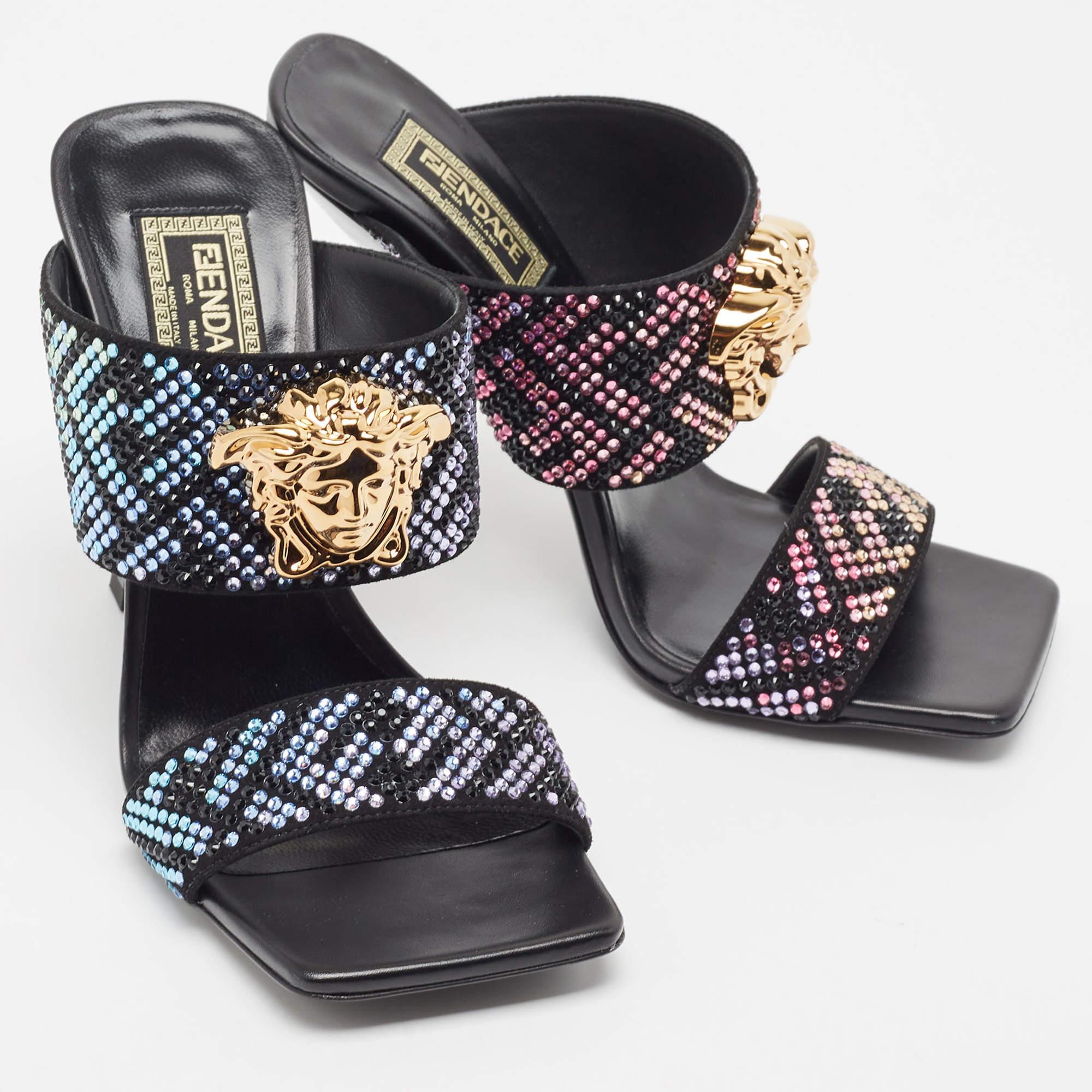 Fendi x Versace Fendace Black/Gold Suede Crystal Embellished Slide Sandals 3