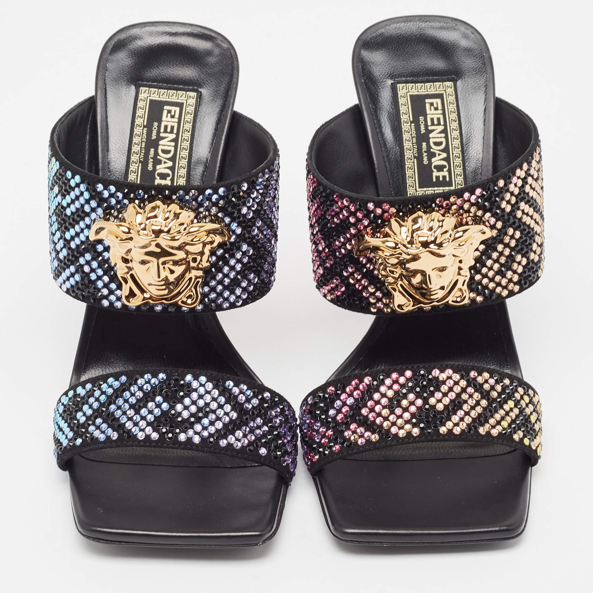 Fendi x Versace Fendace Black/Gold Suede Crystal Embellished Slide Sandals Size  In New Condition In Dubai, Al Qouz 2